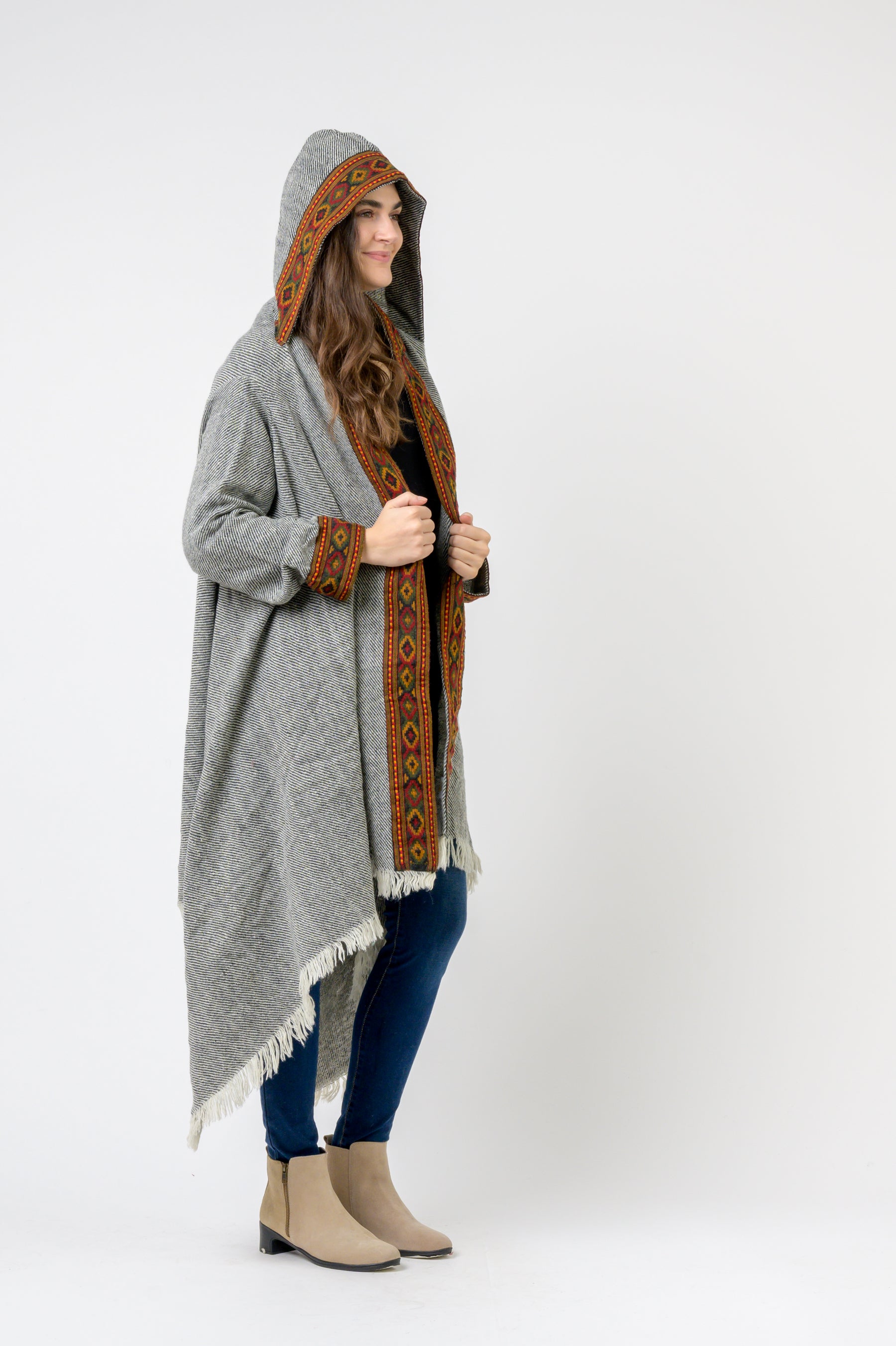 Rhea Hooded Long Jacket With Border