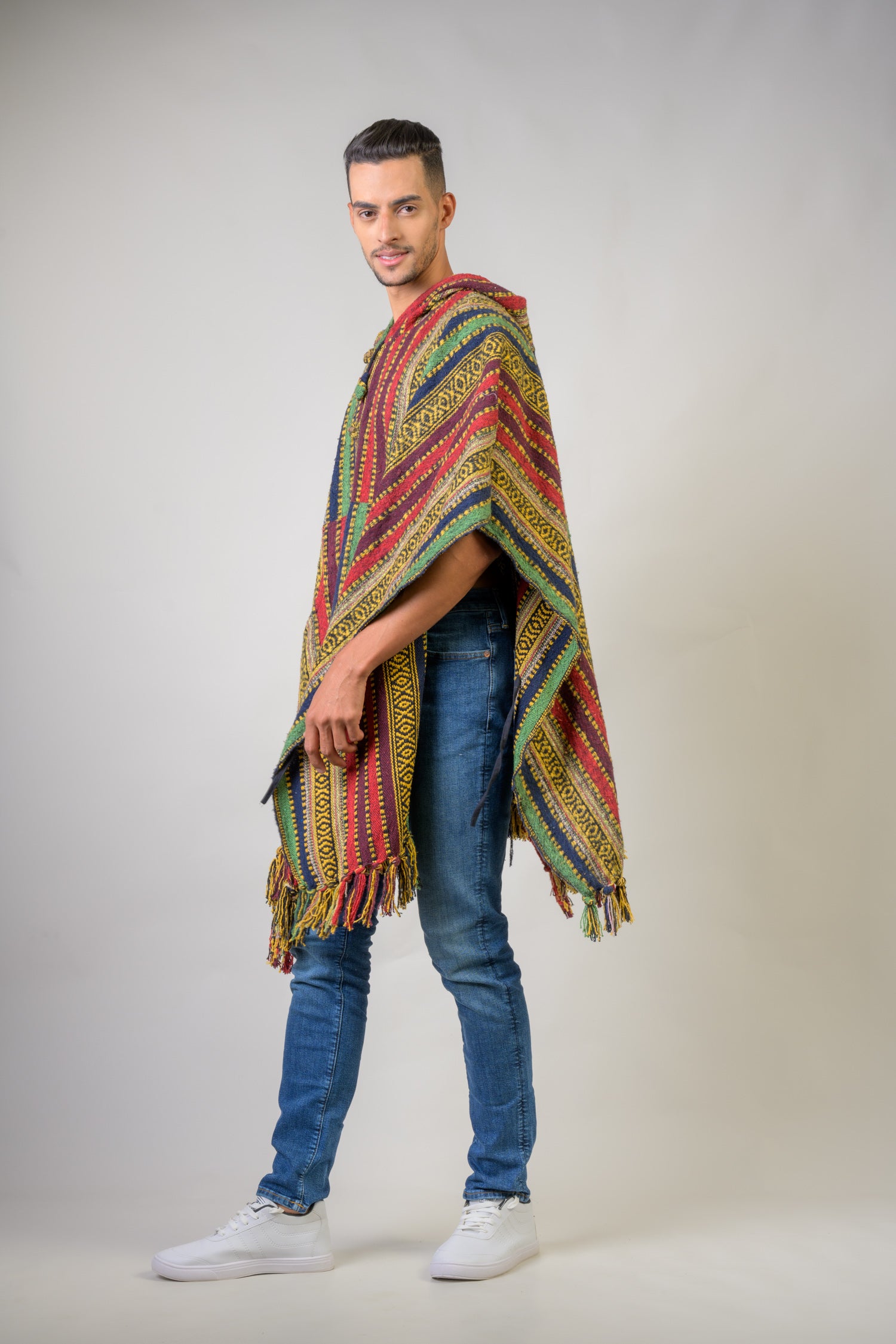 Rhea Pattern Cotton Poncho Black / One Size