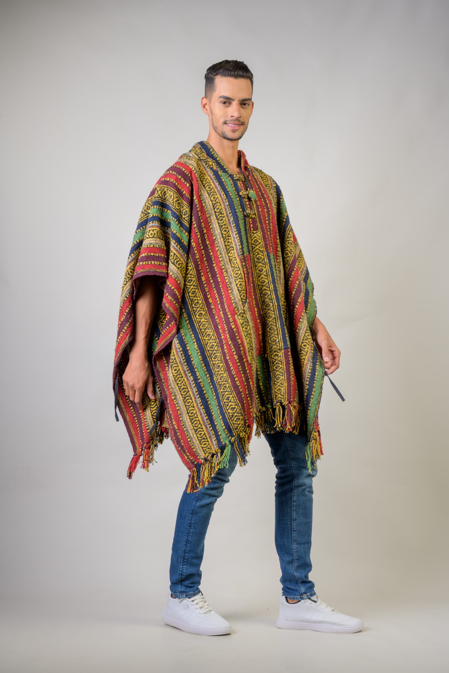 Rhea Pattern Cotton Poncho Black / One Size