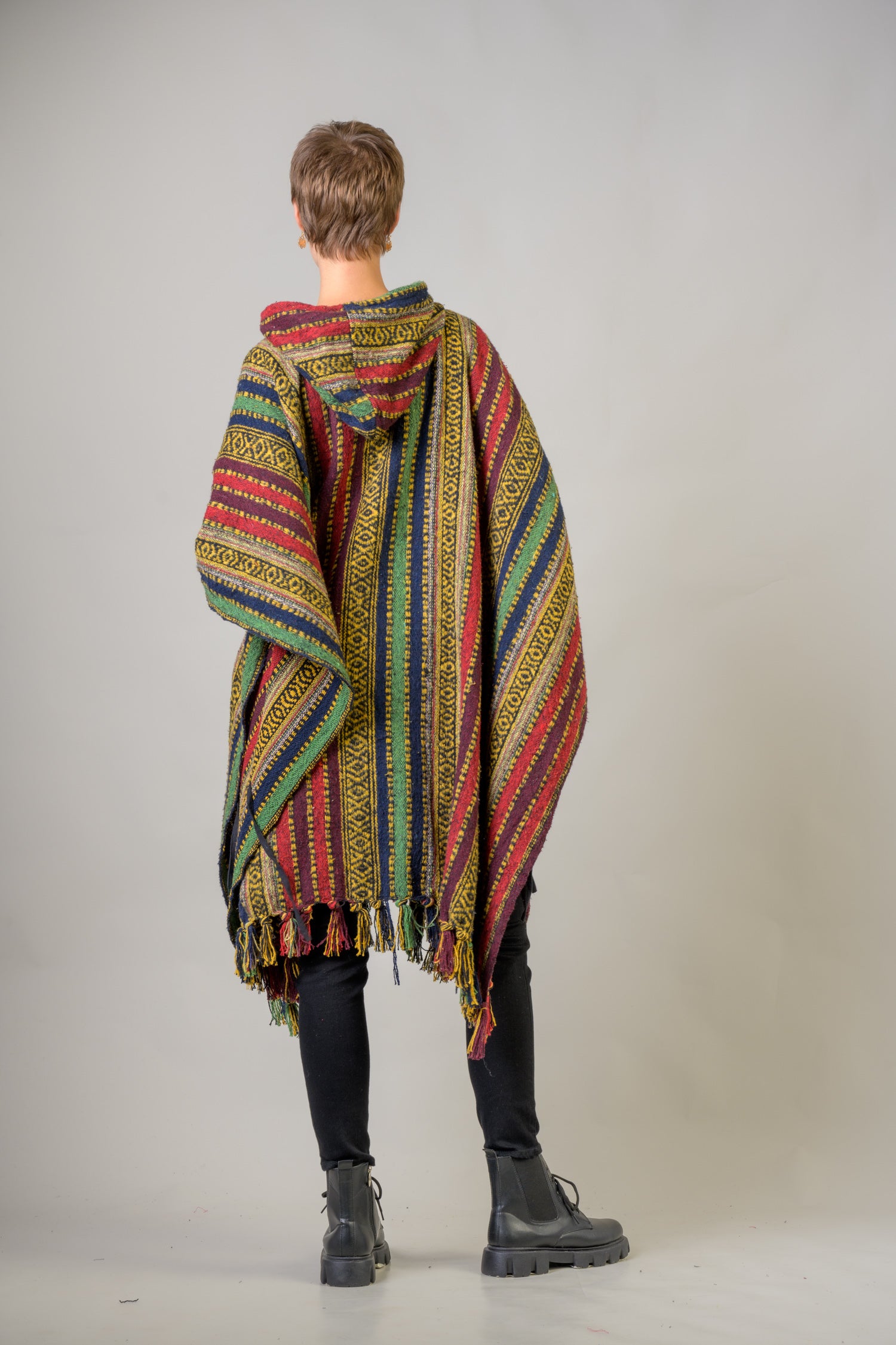 Rhea Pattern Cotton Poncho Black / One Size
