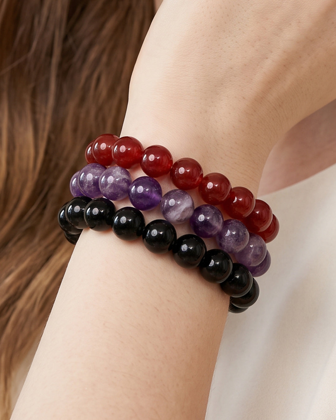 Purple Orange & Black, Game Day Bracelet Stack, Gemstone Bracelet Set - 10mm