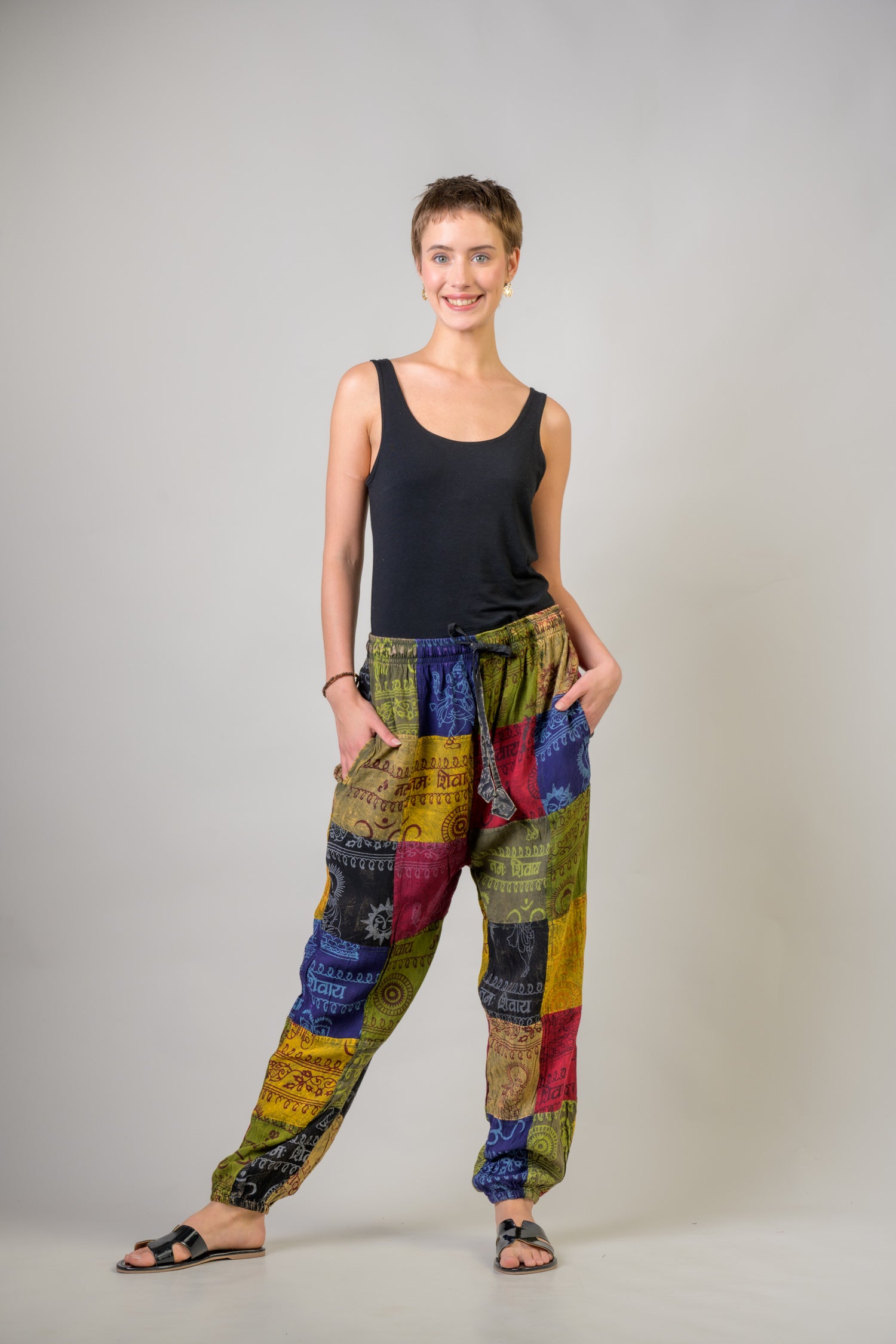 Rhea Om Print Pied Patch Pants