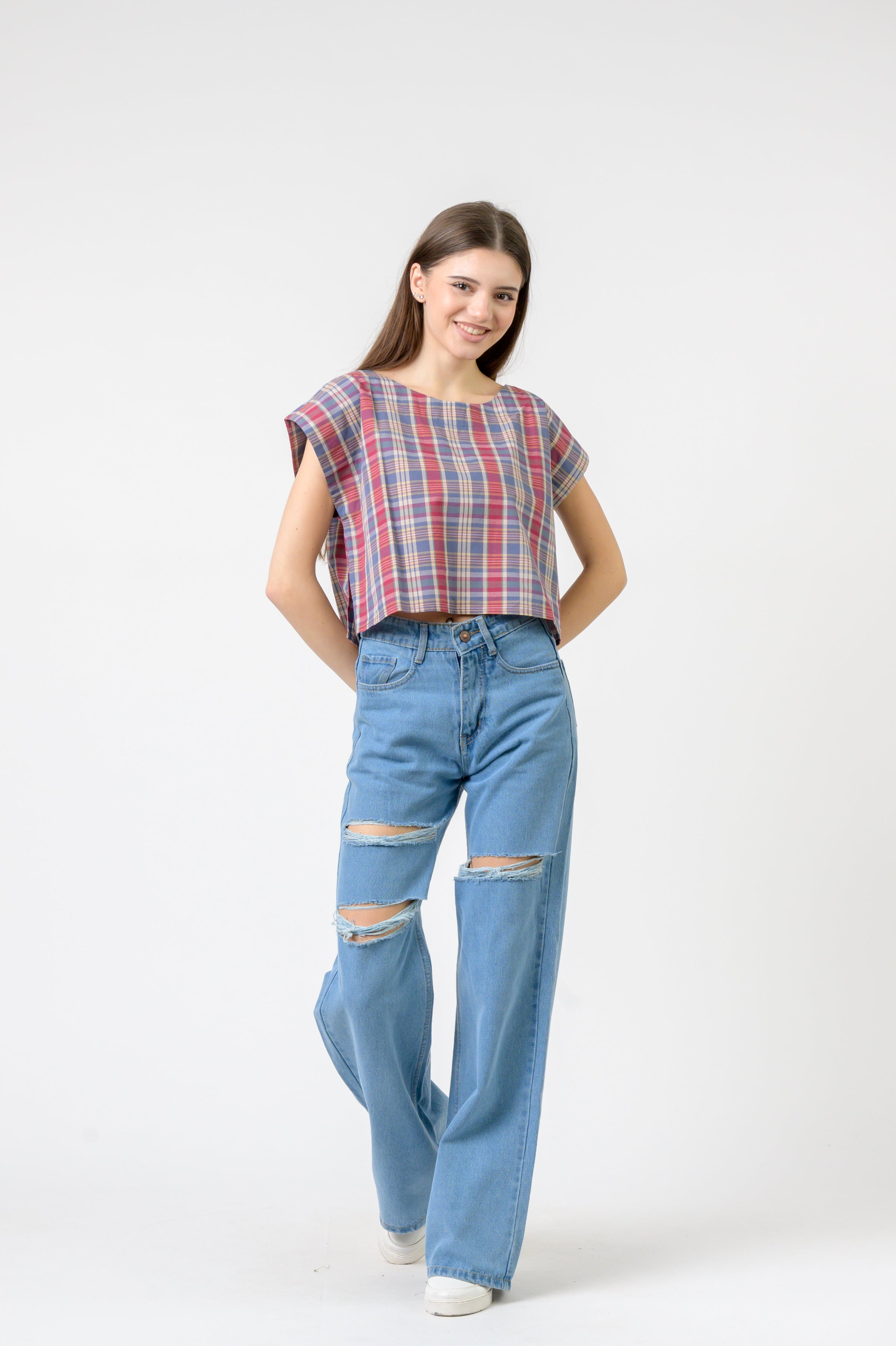 Rhea Pink Blue Checked Vigo Top