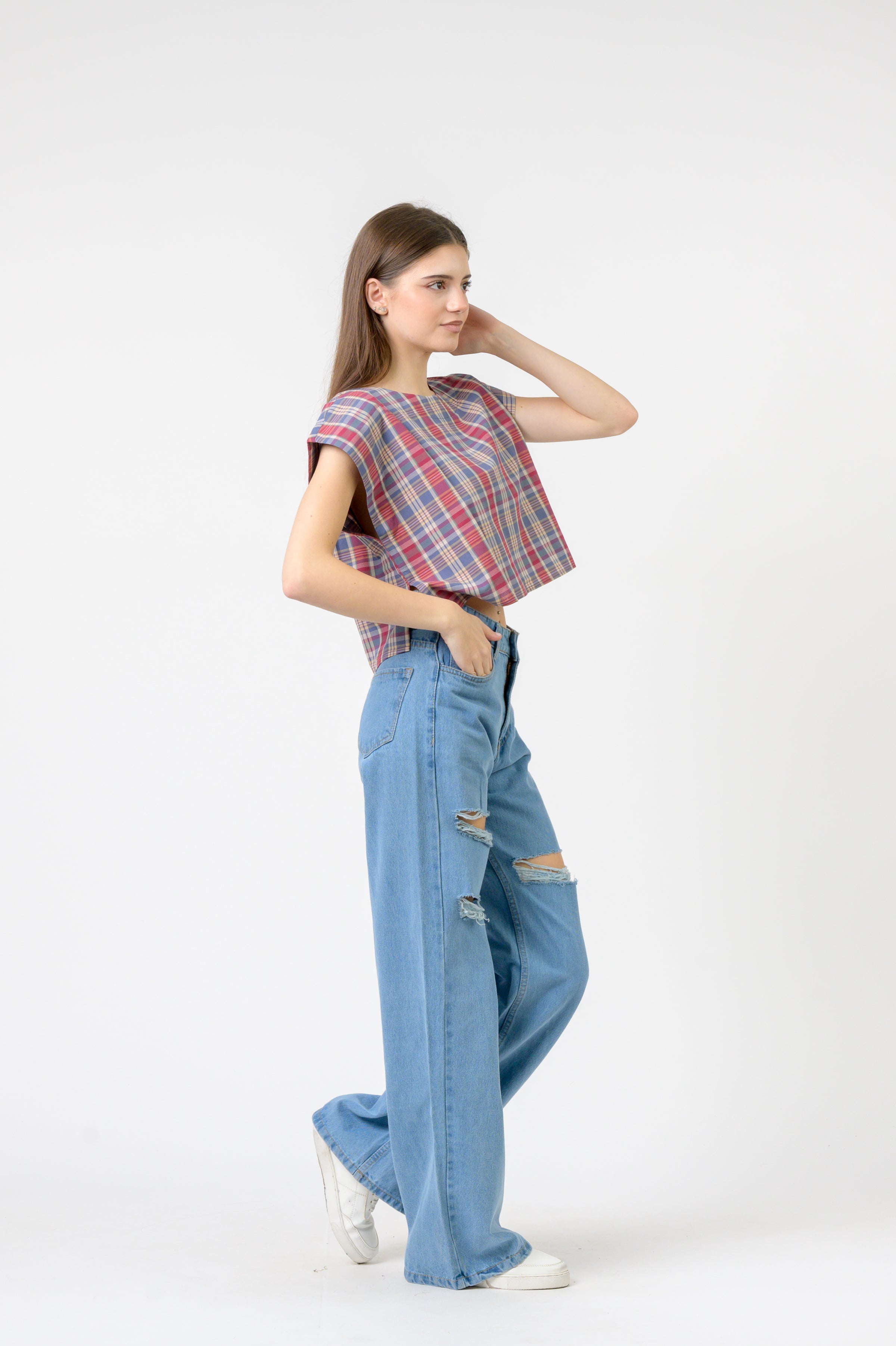 Rhea Pink Blue Checked Vigo Top