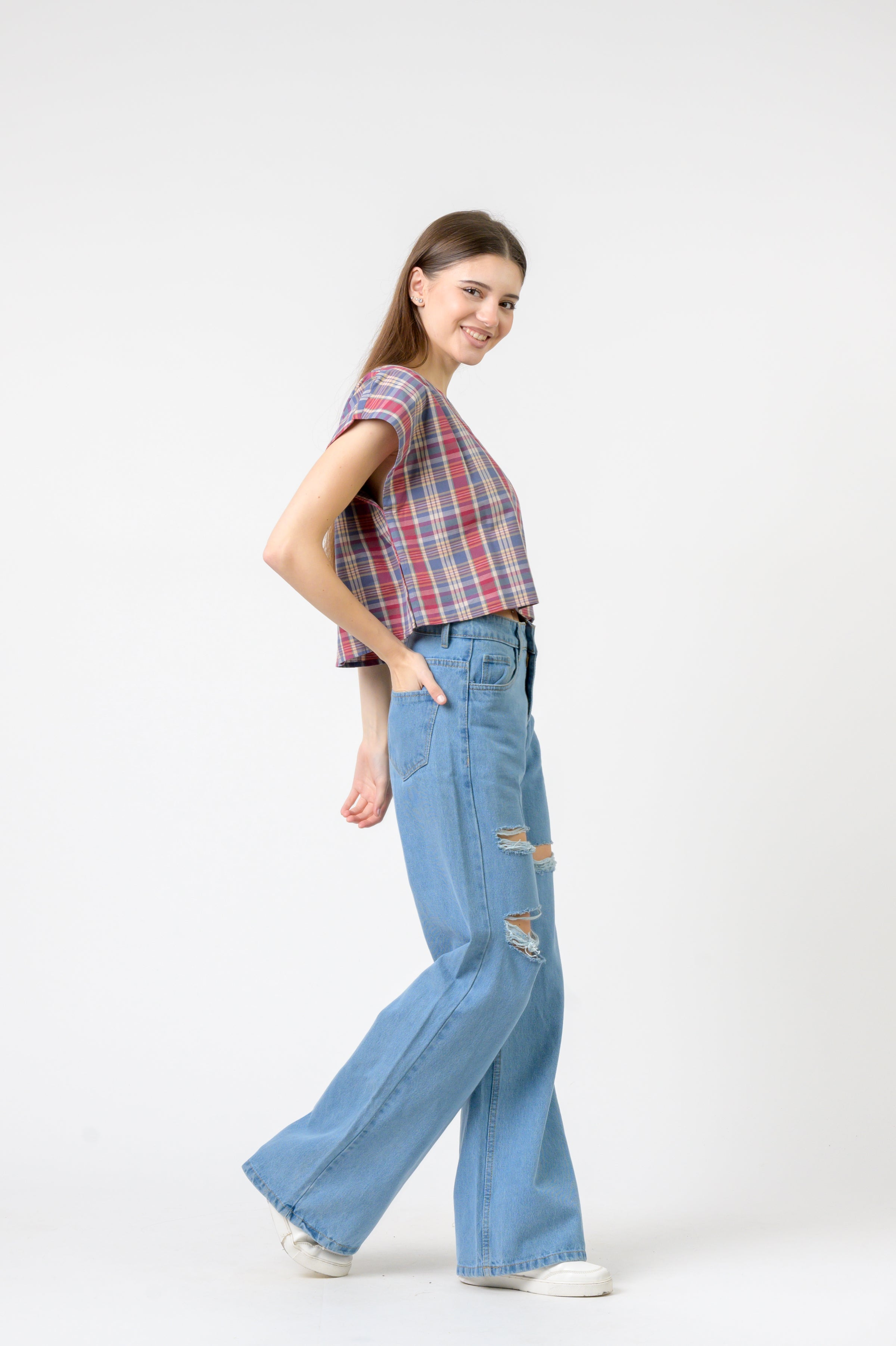 Rhea Pink Blue Checked Vigo Top