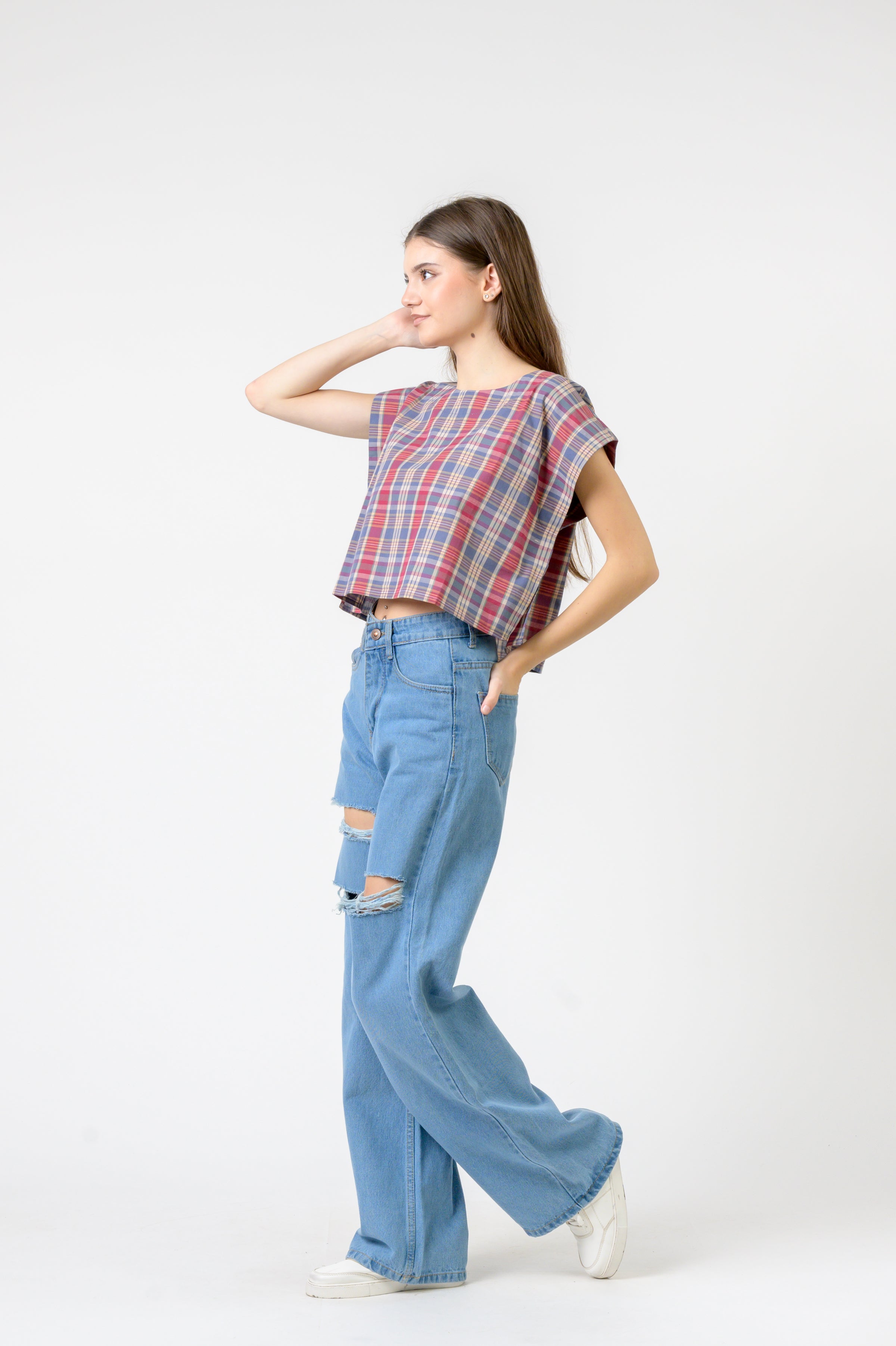 Rhea Pink Blue Checked Vigo Top