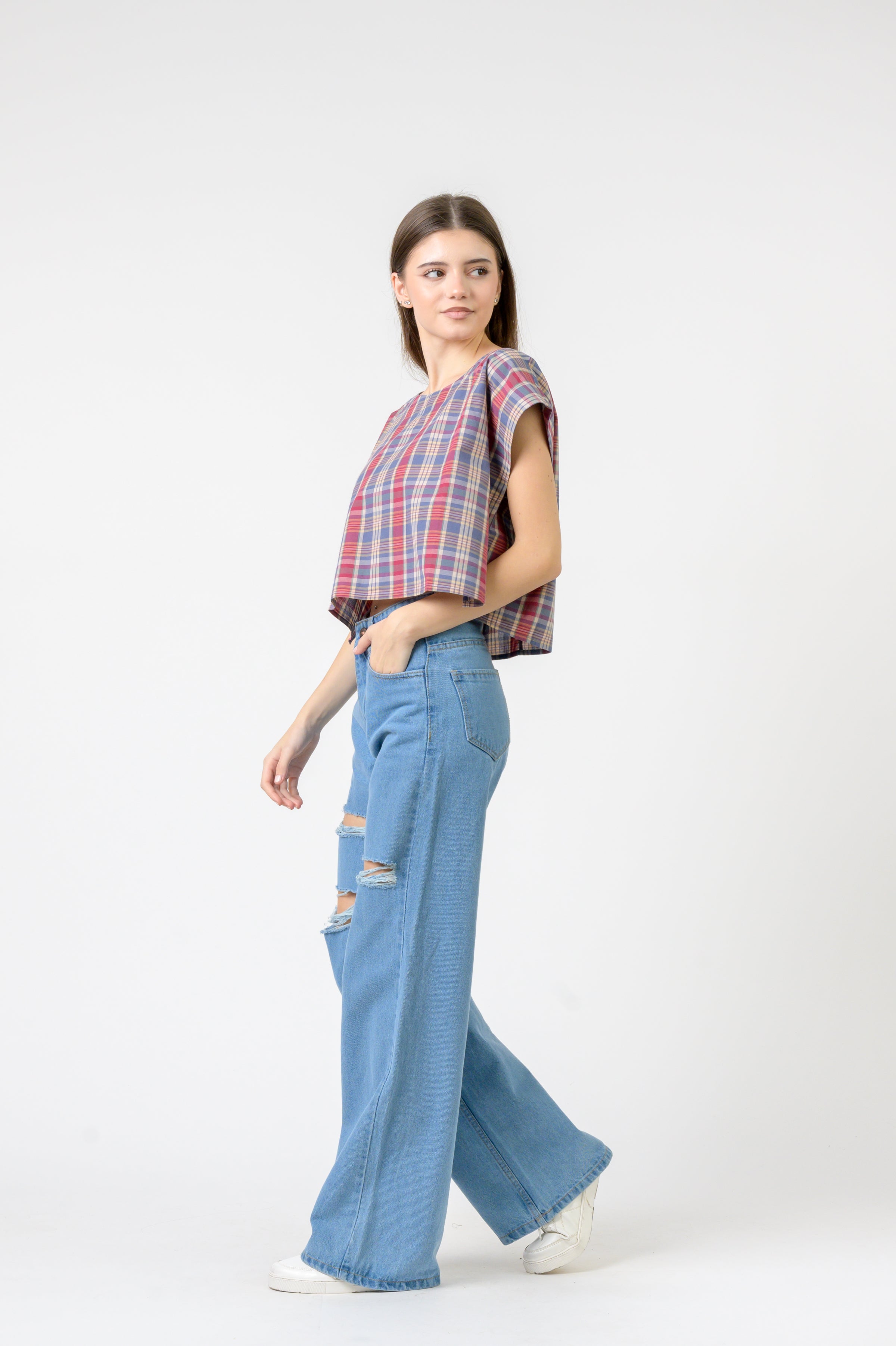 Rhea Pink Blue Checked Vigo Top