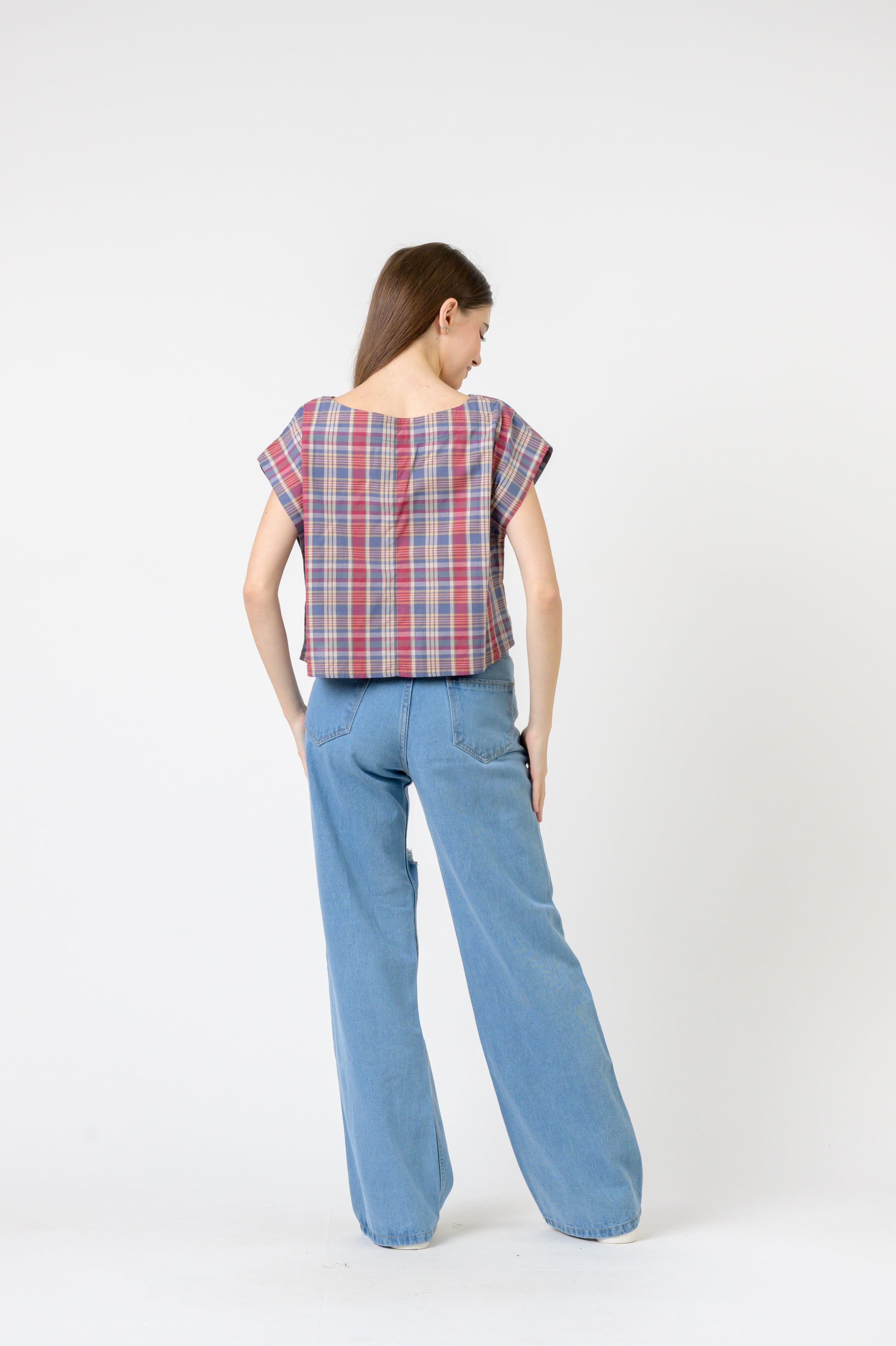 Rhea Pink Blue Checked Vigo Top