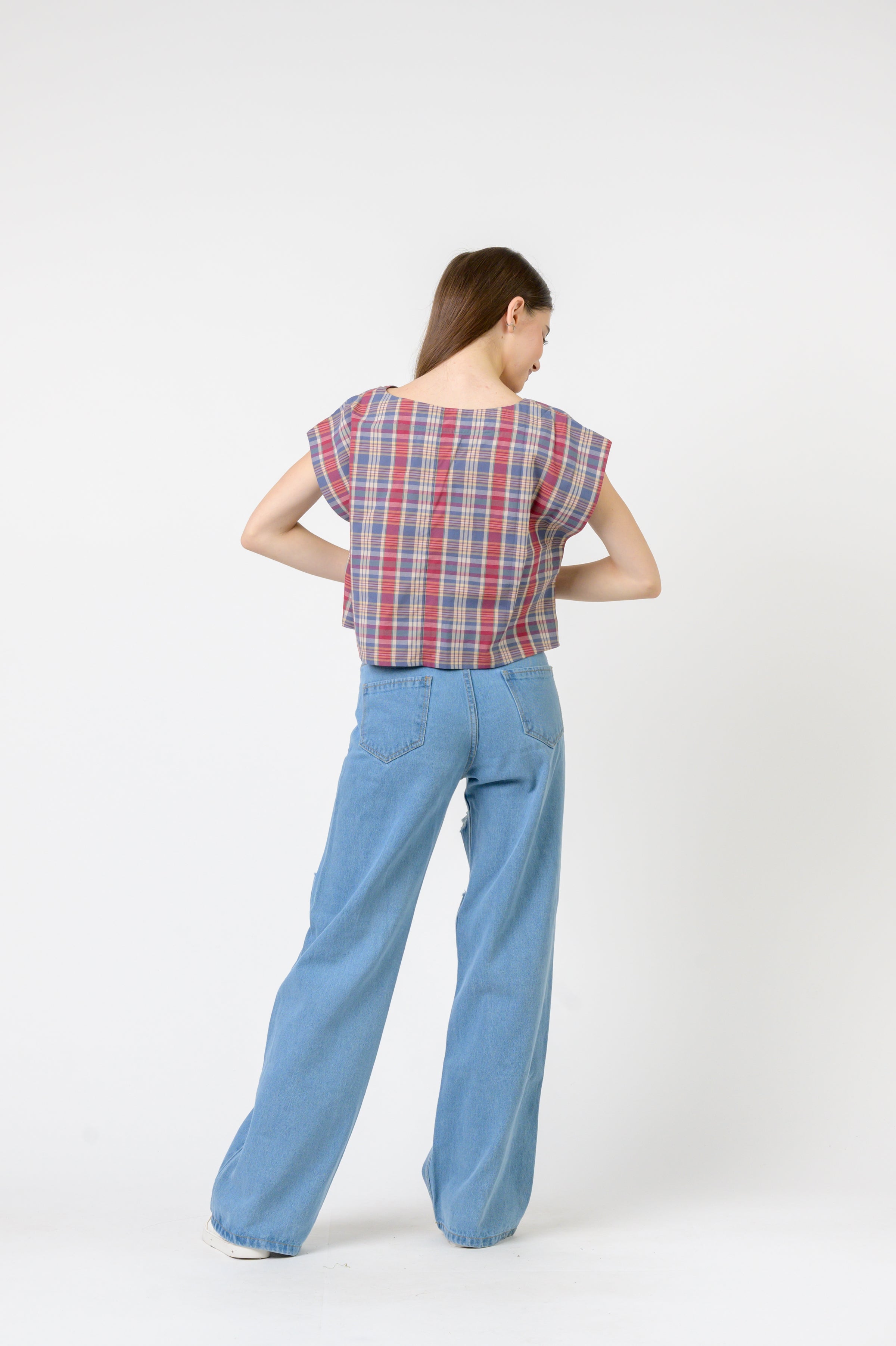 Rhea Pink Blue Checked Vigo Top