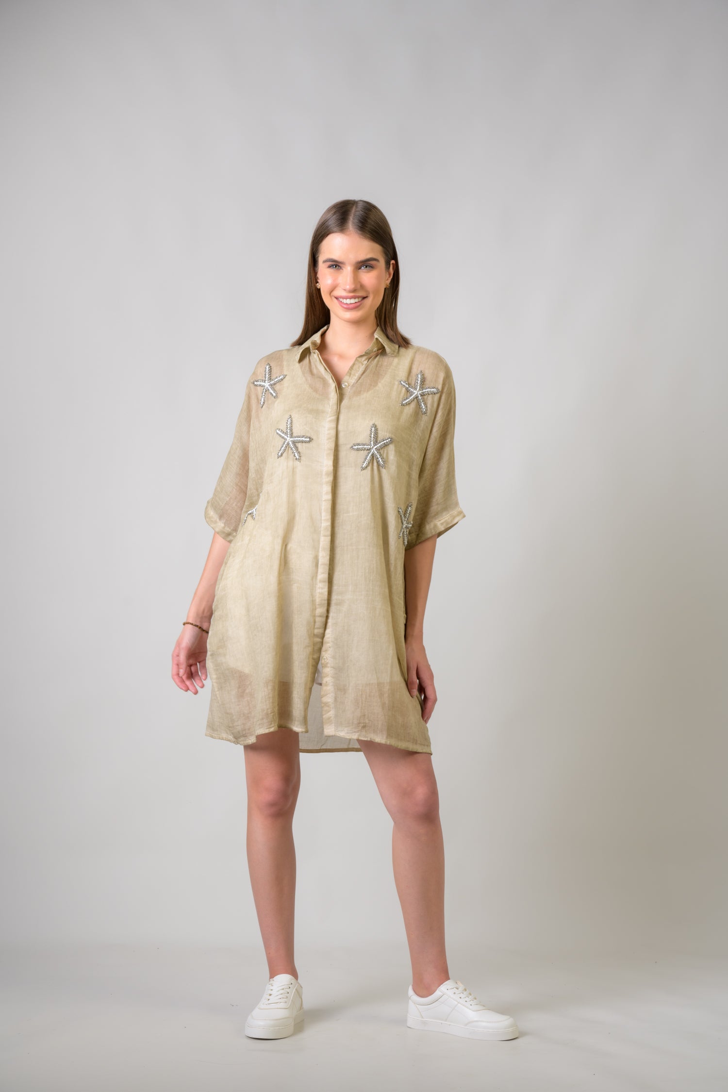 Rhea Starfish Hand-Embroidered Short Sleeve Top Beige / One Size