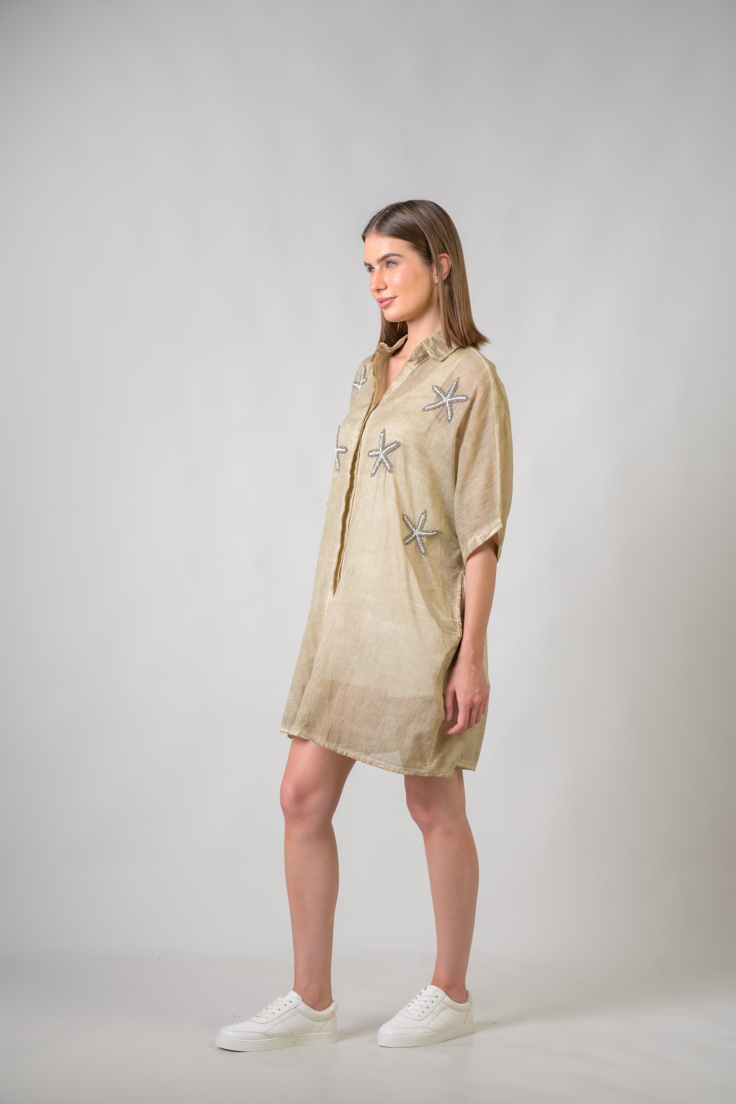 Rhea Starfish Hand-Embroidered Short Sleeve Top Beige / One Size