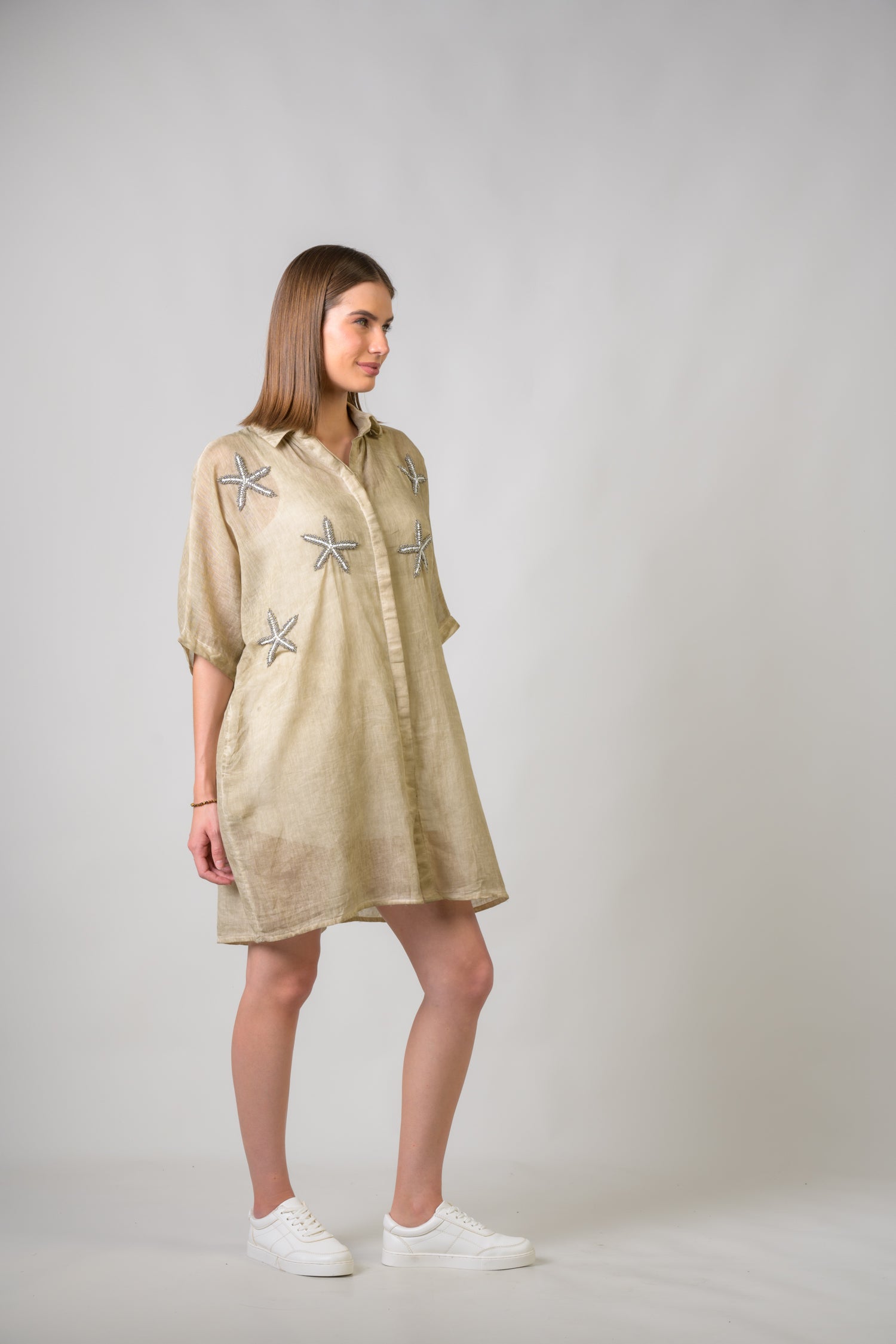 Rhea Starfish Hand-Embroidered Short Sleeve Top Beige / One Size