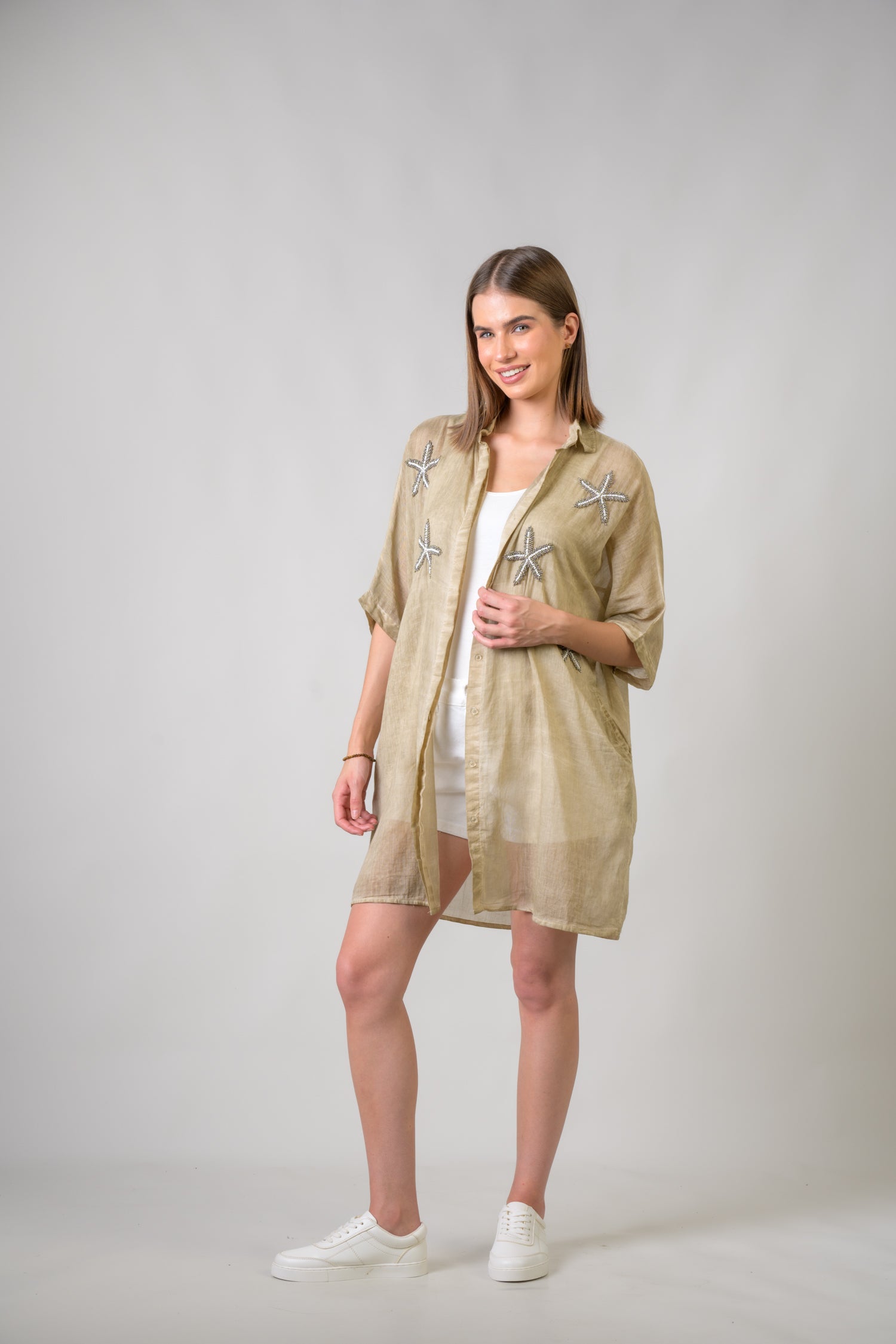 Rhea Starfish Hand-Embroidered Short Sleeve Top Beige / One Size