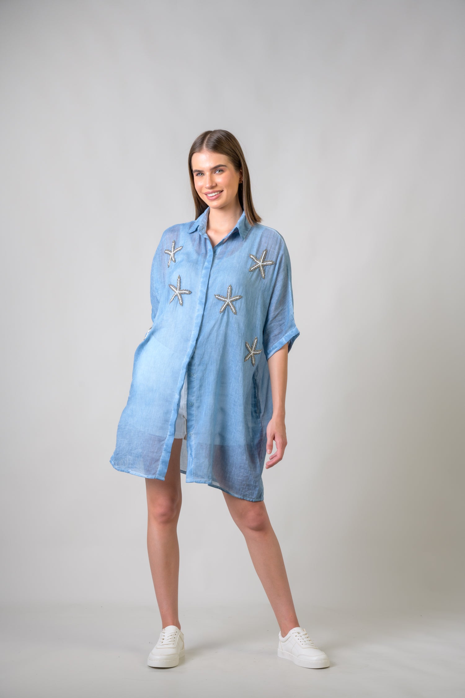 Rhea Starfish Hand-Embroidered Short Sleeve Top Beige / One Size