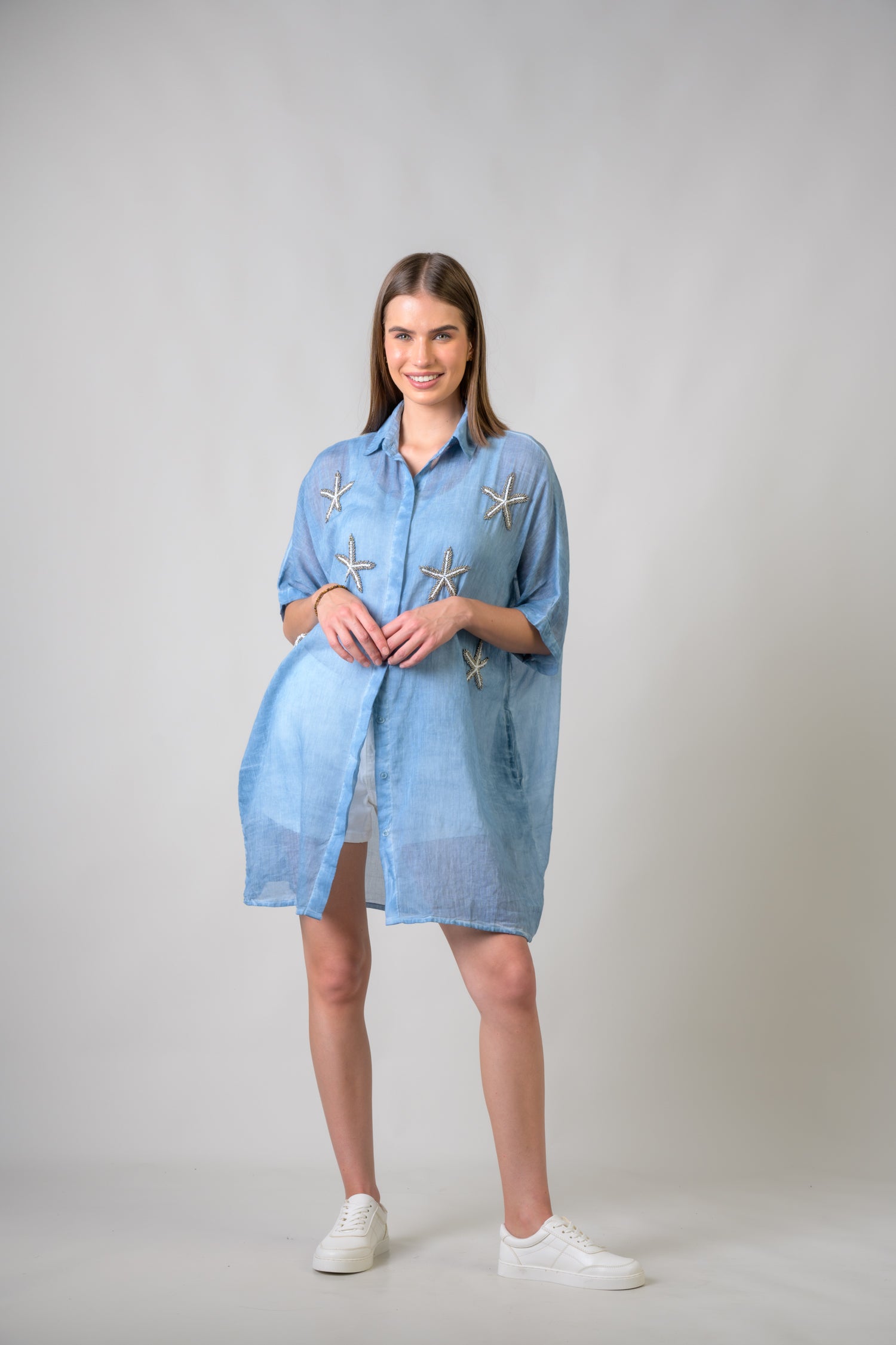 Rhea Starfish Hand-Embroidered Short Sleeve Top Beige / One Size