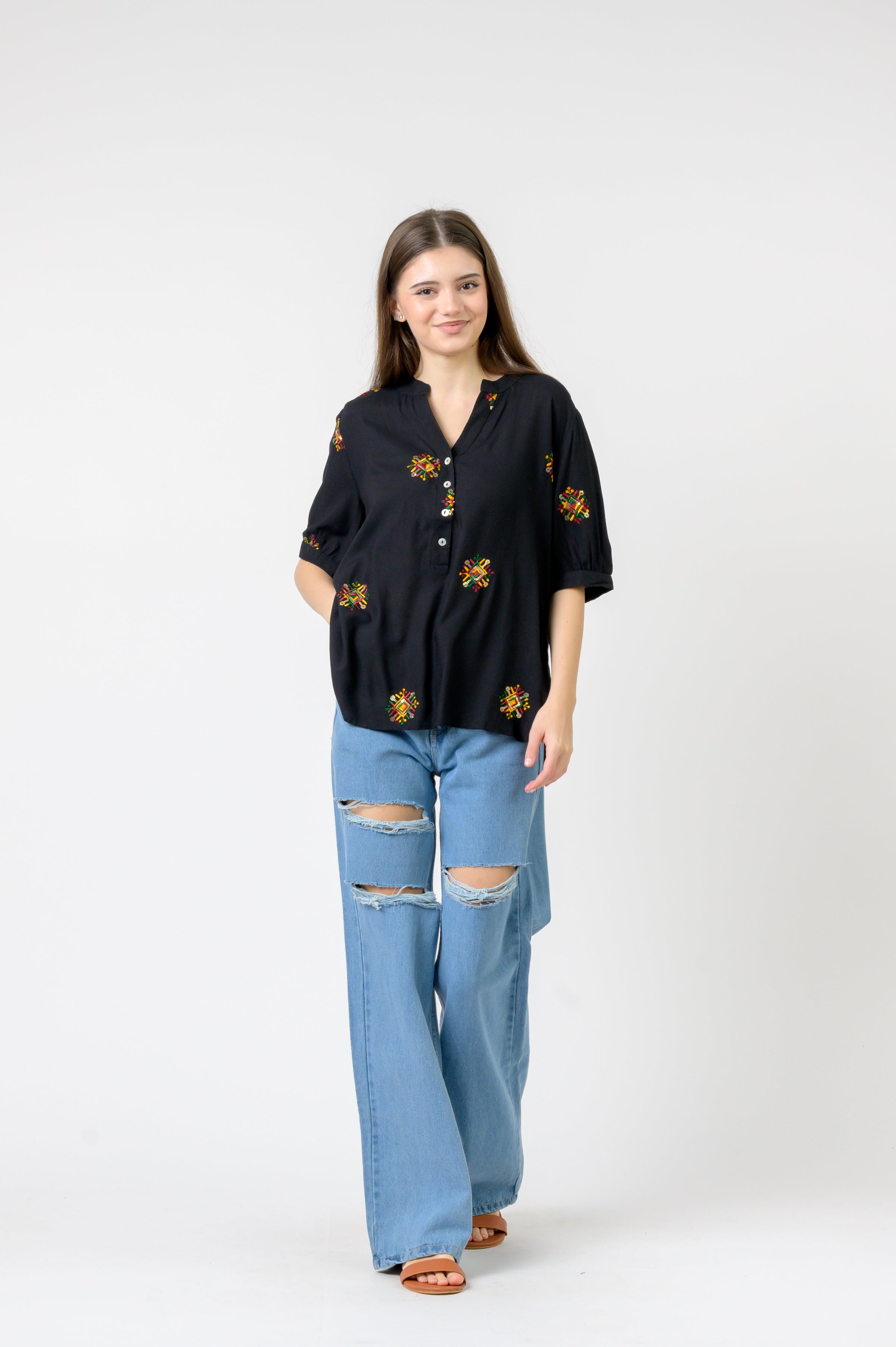 Rhea Embroidered Boa Top