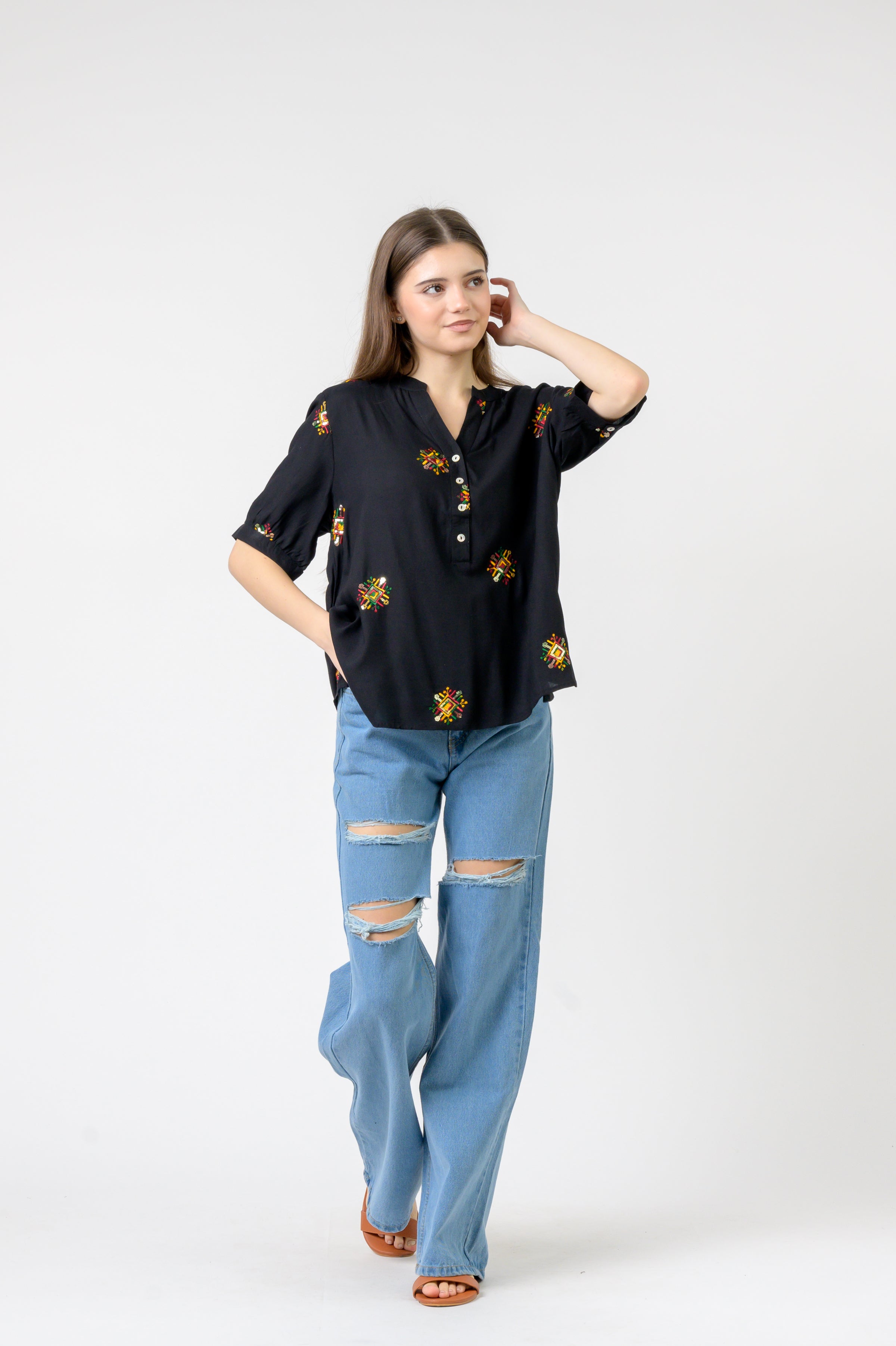 Rhea Embroidered Boa Top