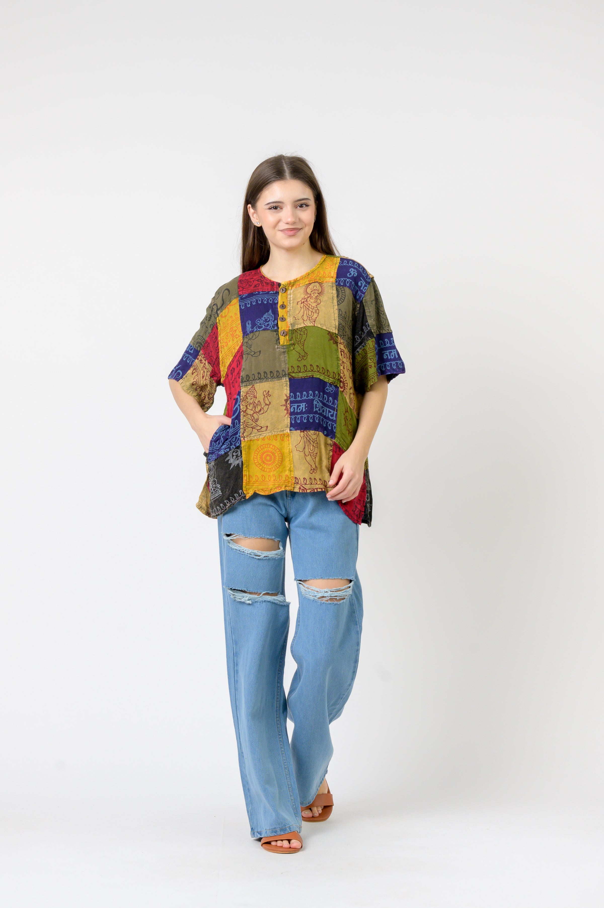 Rhea Om Print Pied Patch Short Sleeve Top