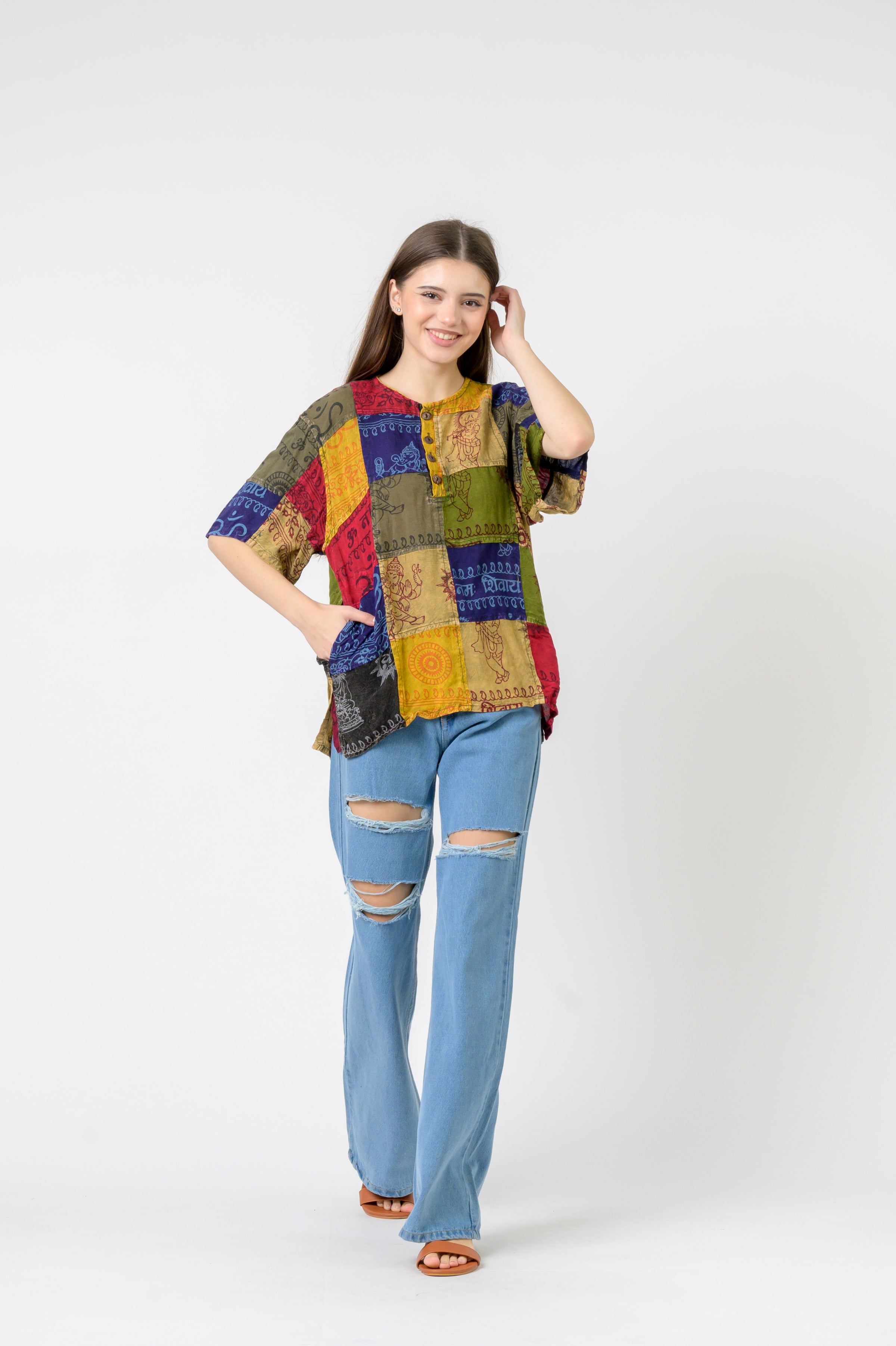 Rhea Om Print Pied Patch Short Sleeve Top