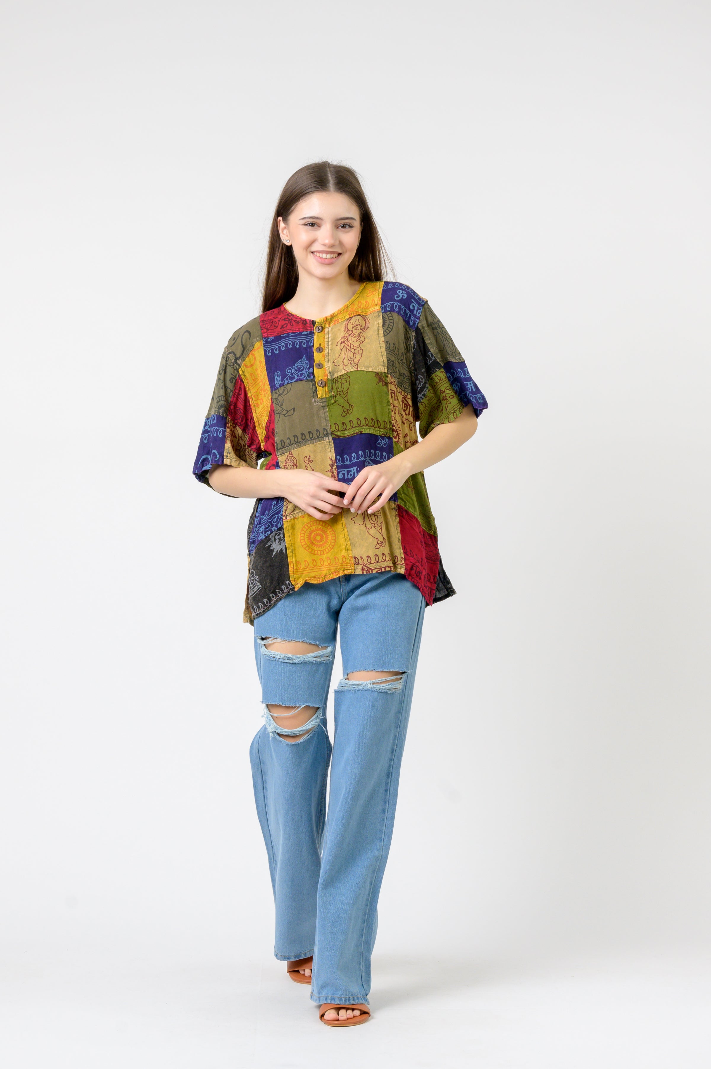 Rhea Om Print Pied Patch Short Sleeve Top