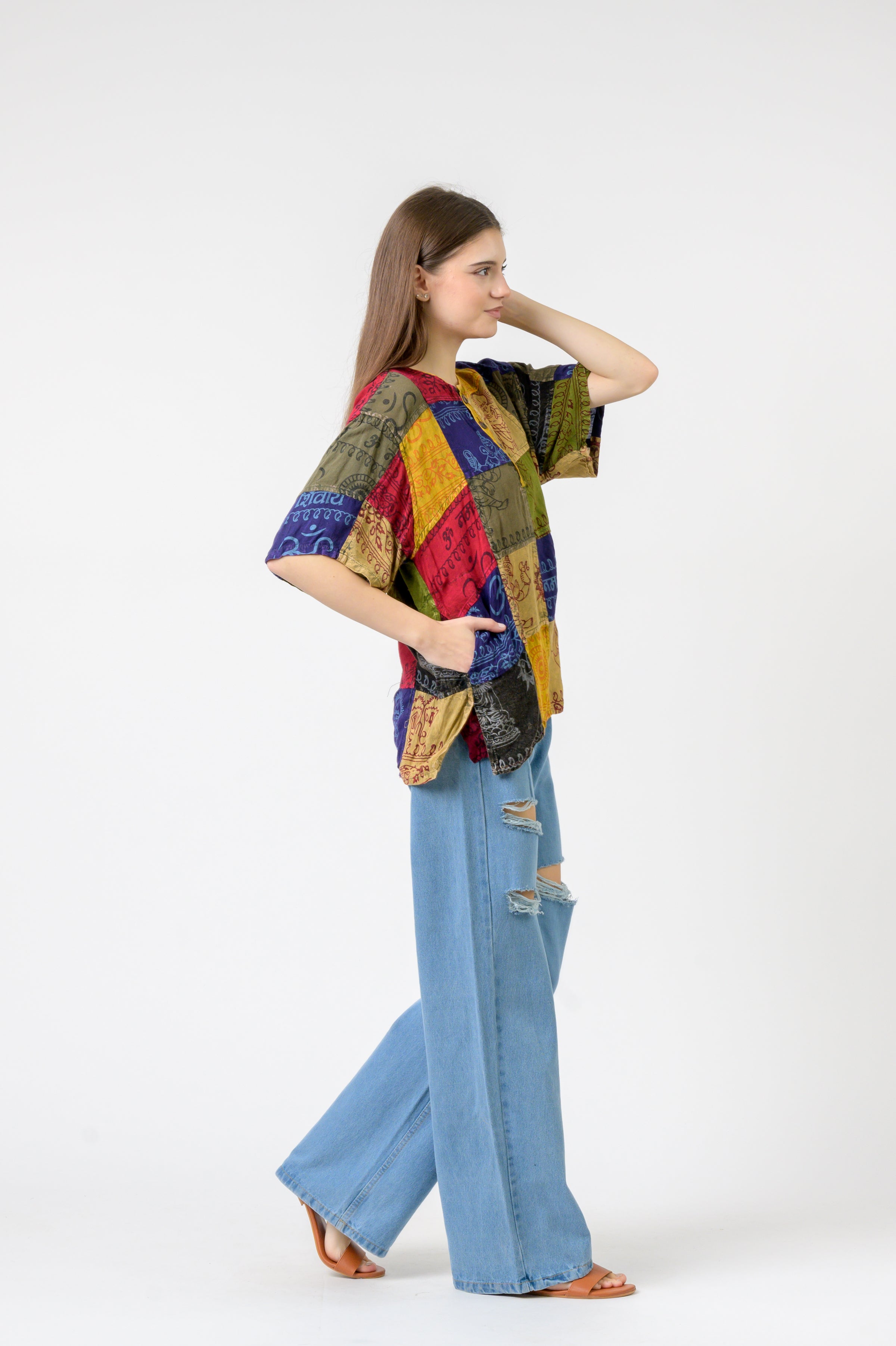 Rhea Om Print Pied Patch Short Sleeve Top