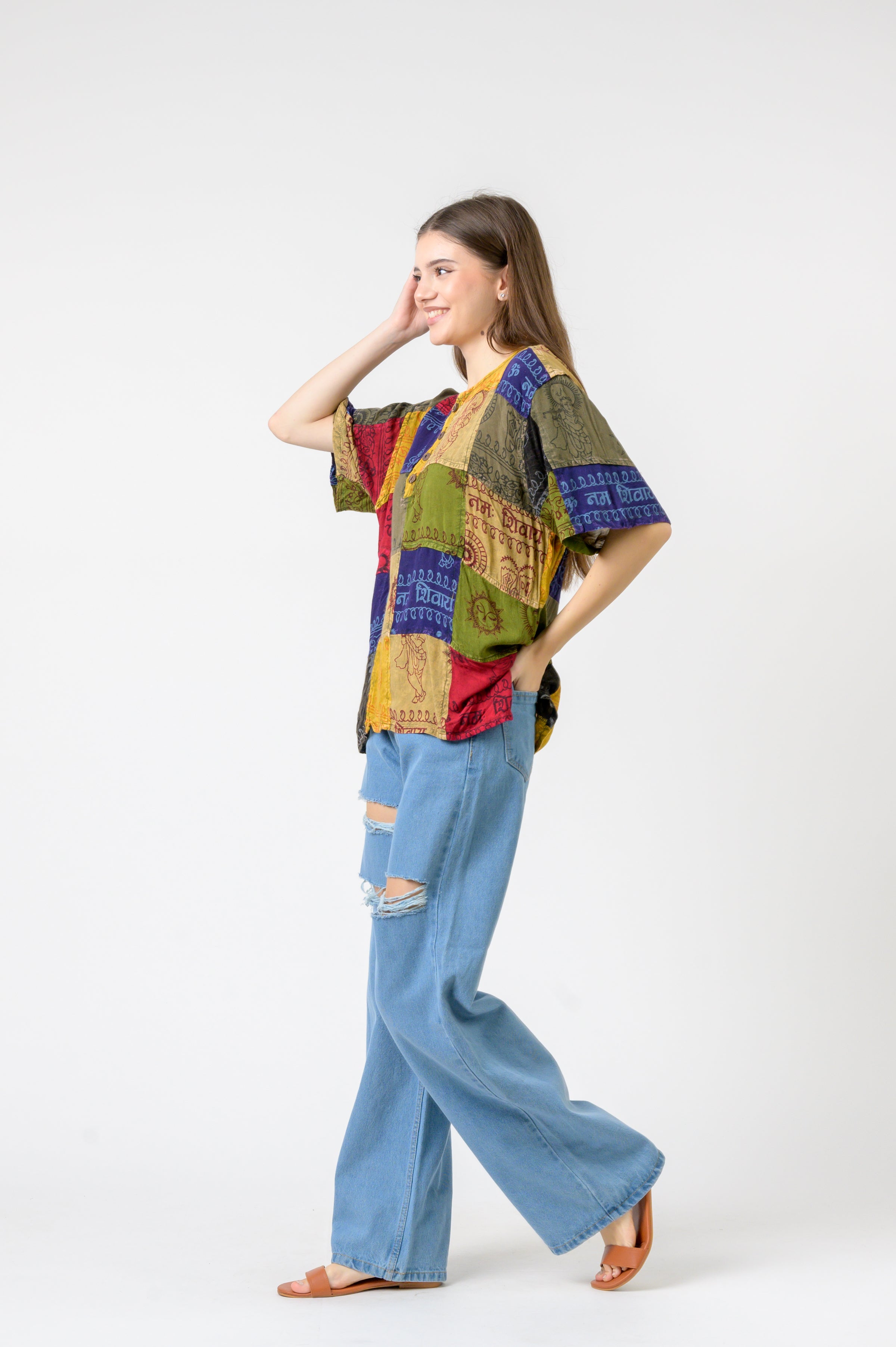 Rhea Om Print Pied Patch Short Sleeve Top