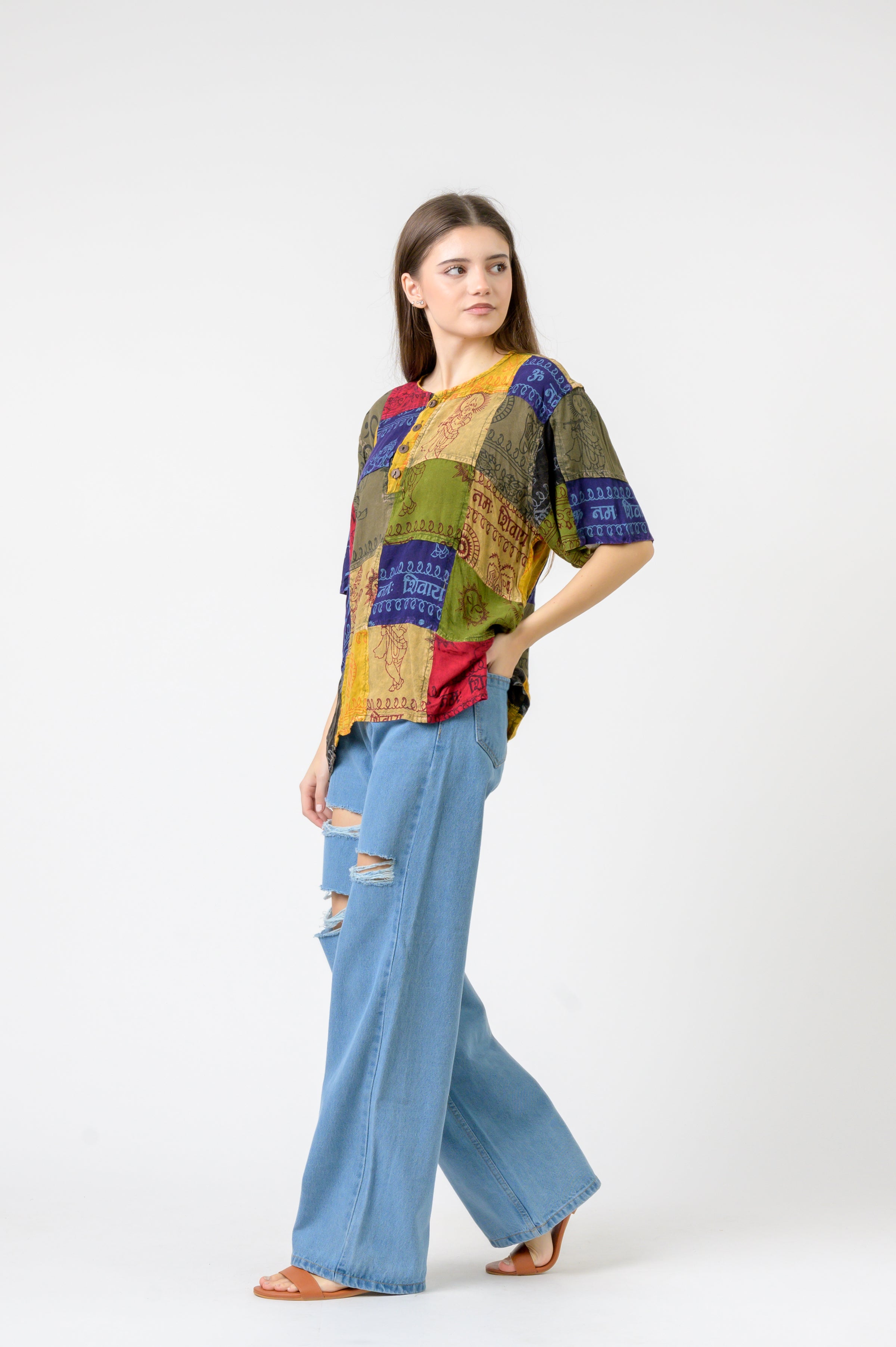 Rhea Om Print Pied Patch Short Sleeve Top