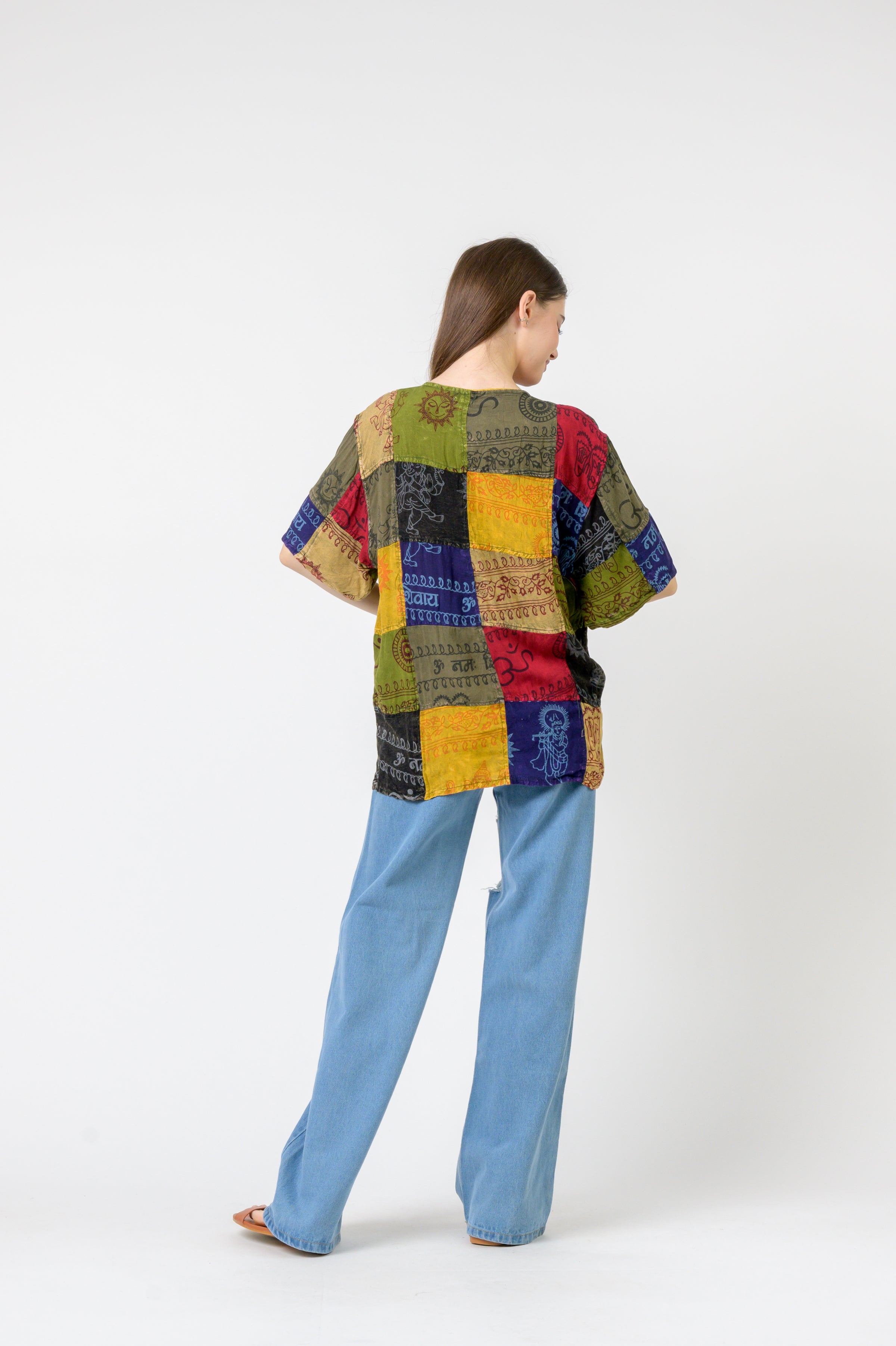 Rhea Om Print Pied Patch Short Sleeve Top