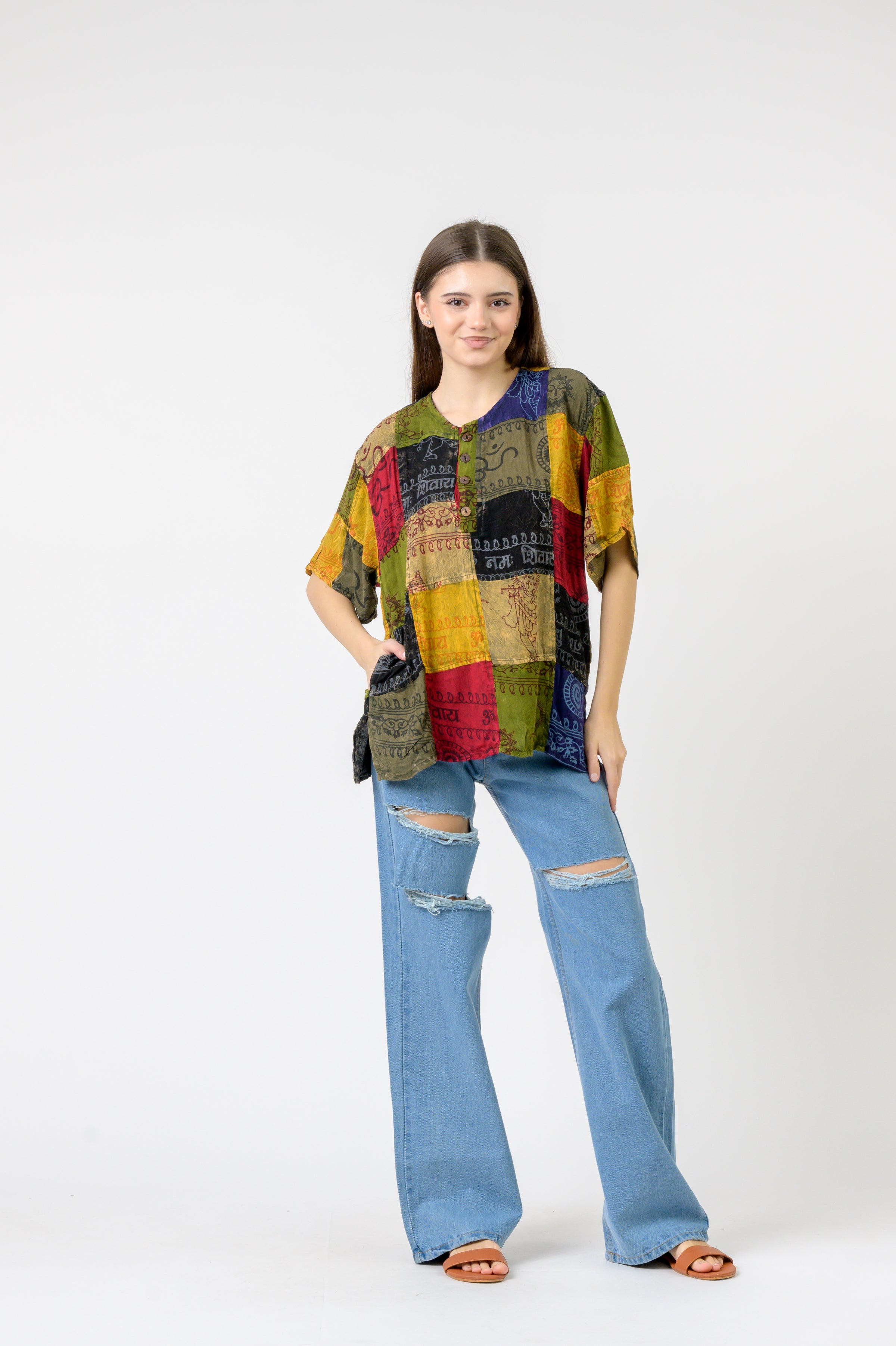 Rhea Om Print Pied Patch Short Sleeve Top