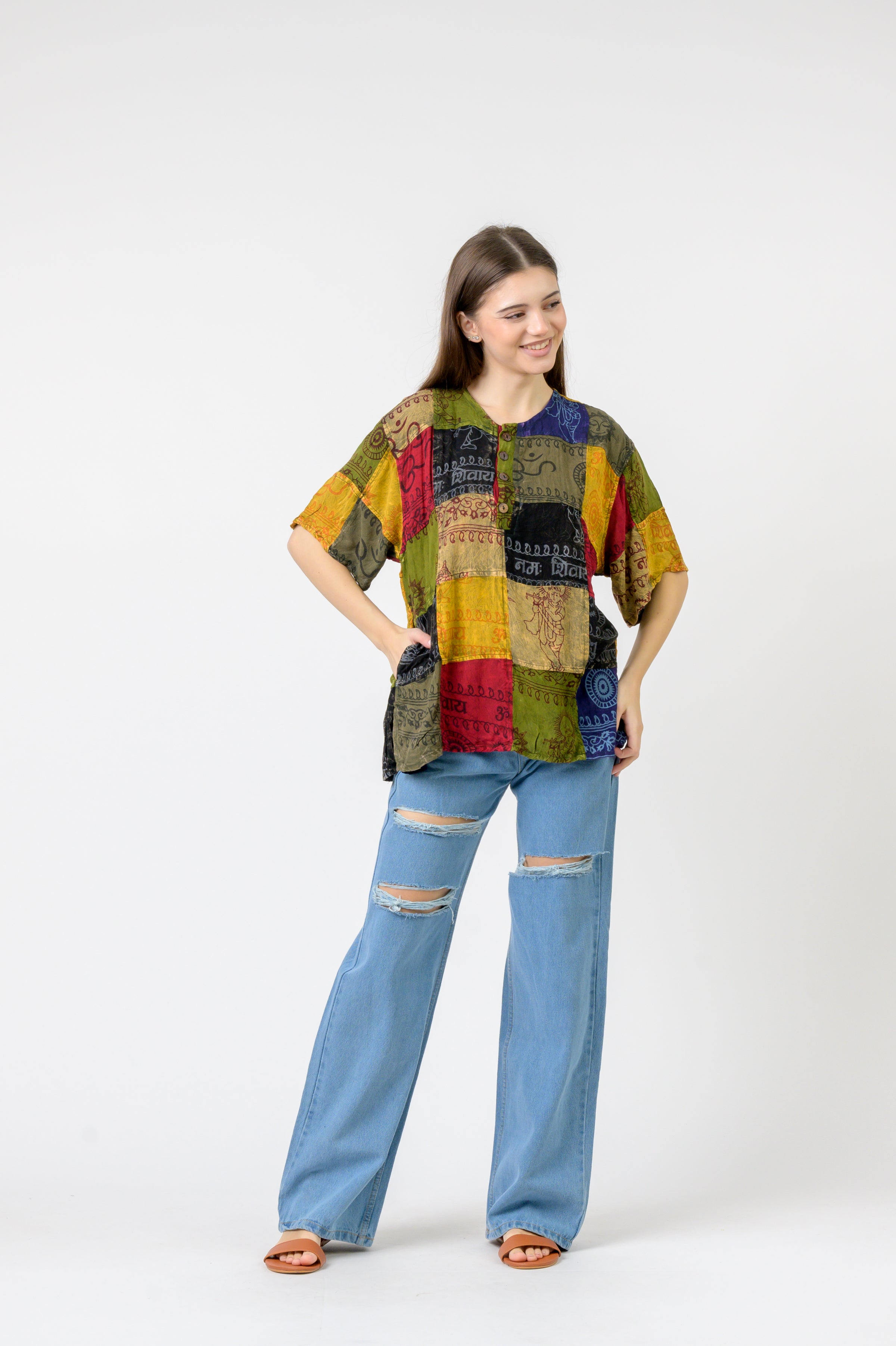 Rhea Om Print Pied Patch Short Sleeve Top