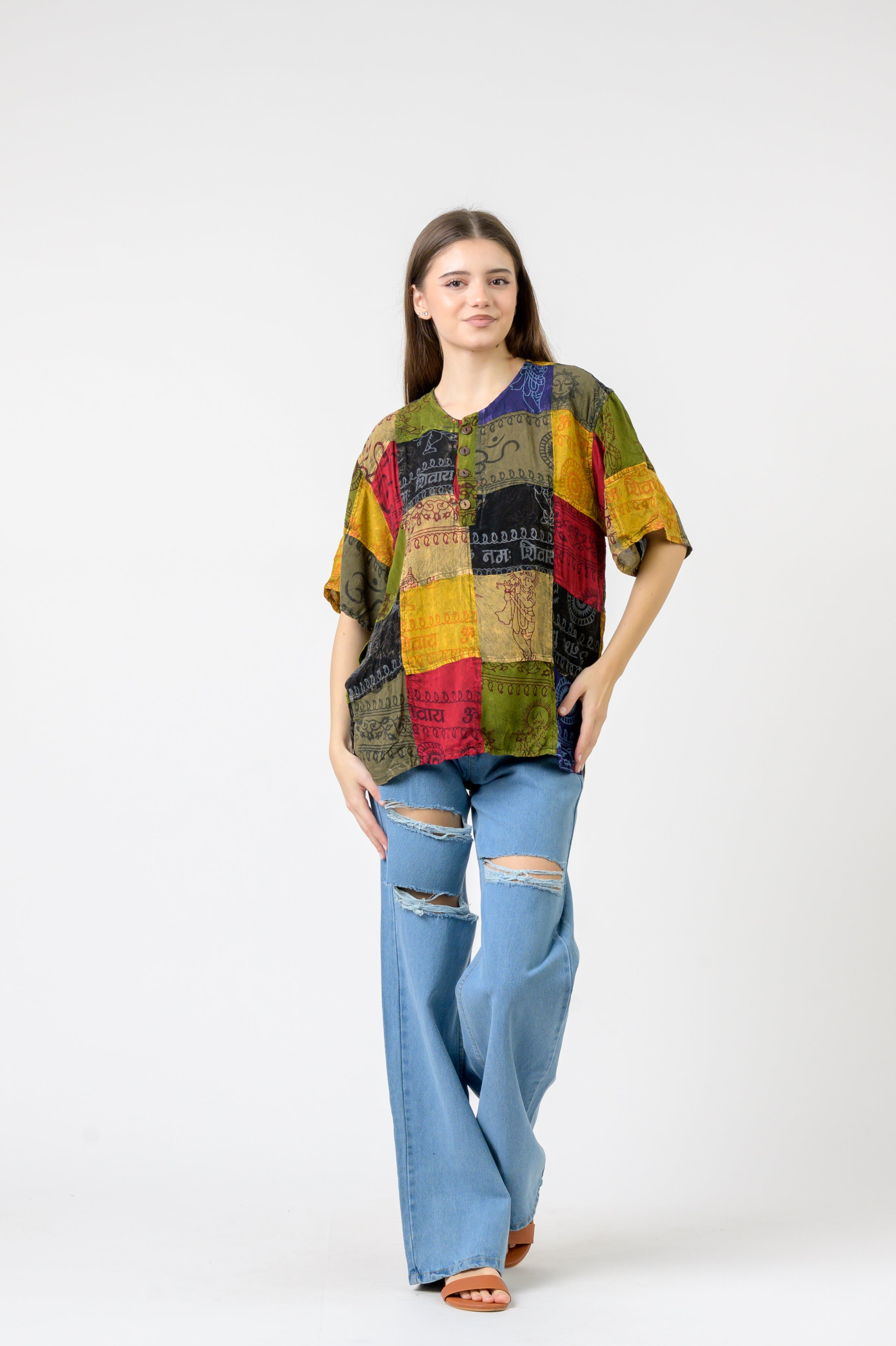 Rhea Om Print Pied Patch Short Sleeve Top