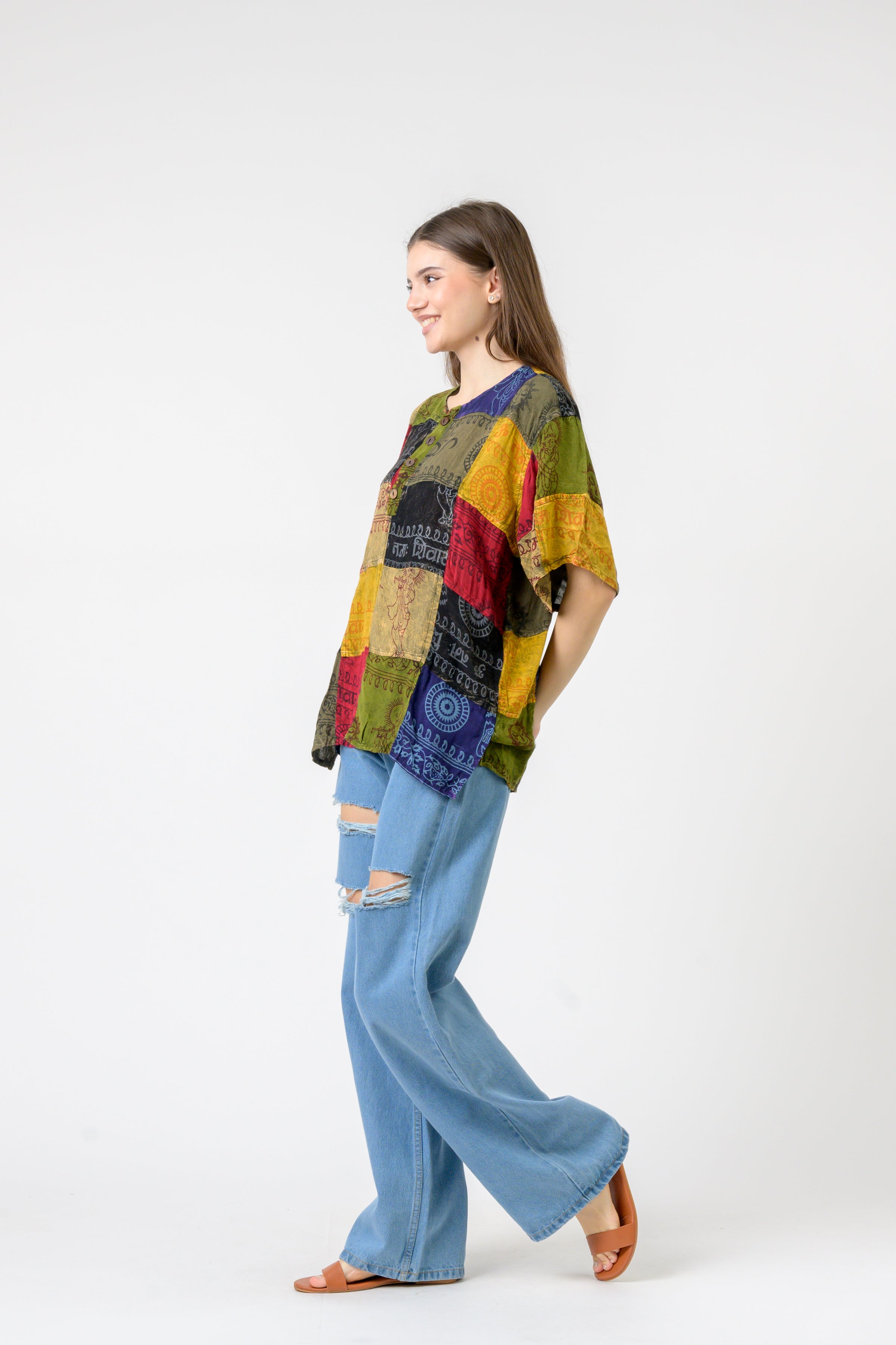 Rhea Om Print Pied Patch Short Sleeve Top