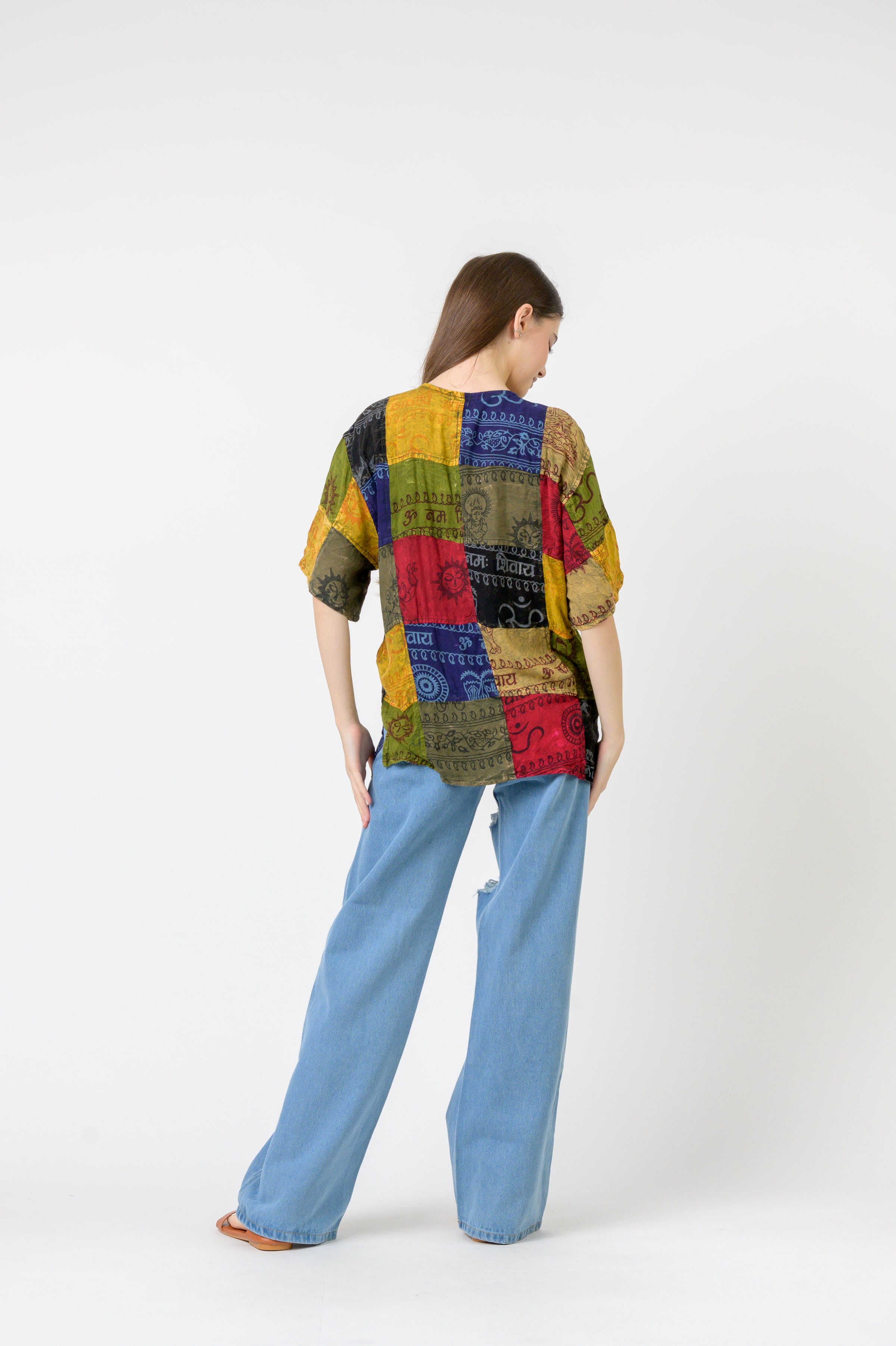 Rhea Om Print Pied Patch Short Sleeve Top