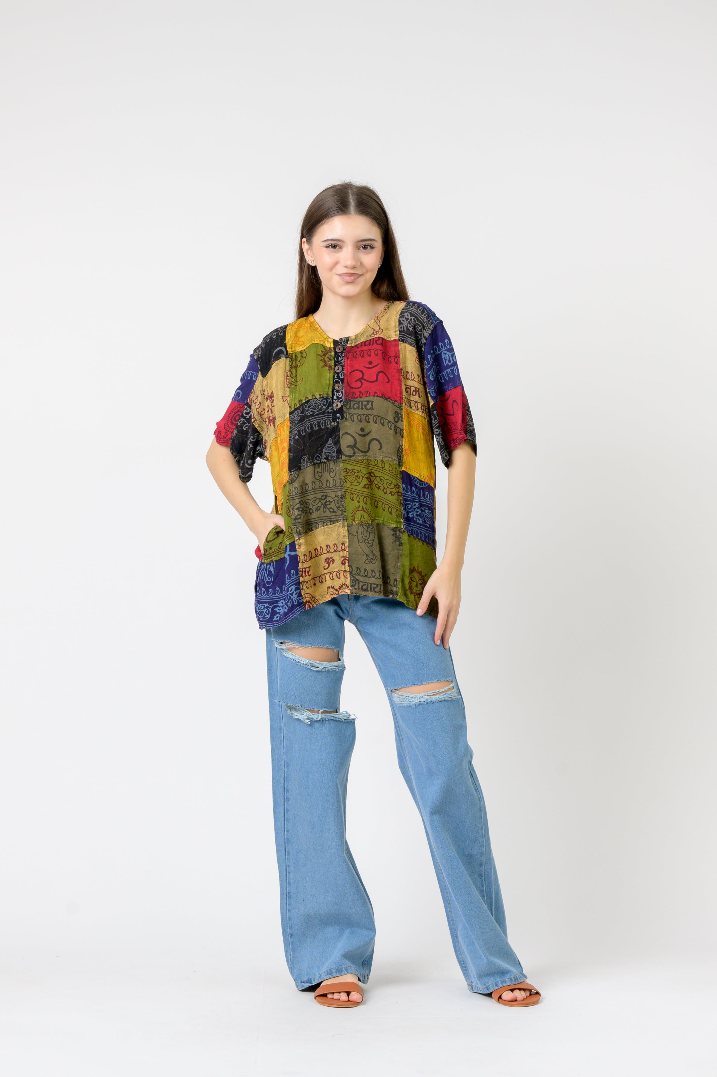 Rhea Om Print Pied Patch Short Sleeve Top