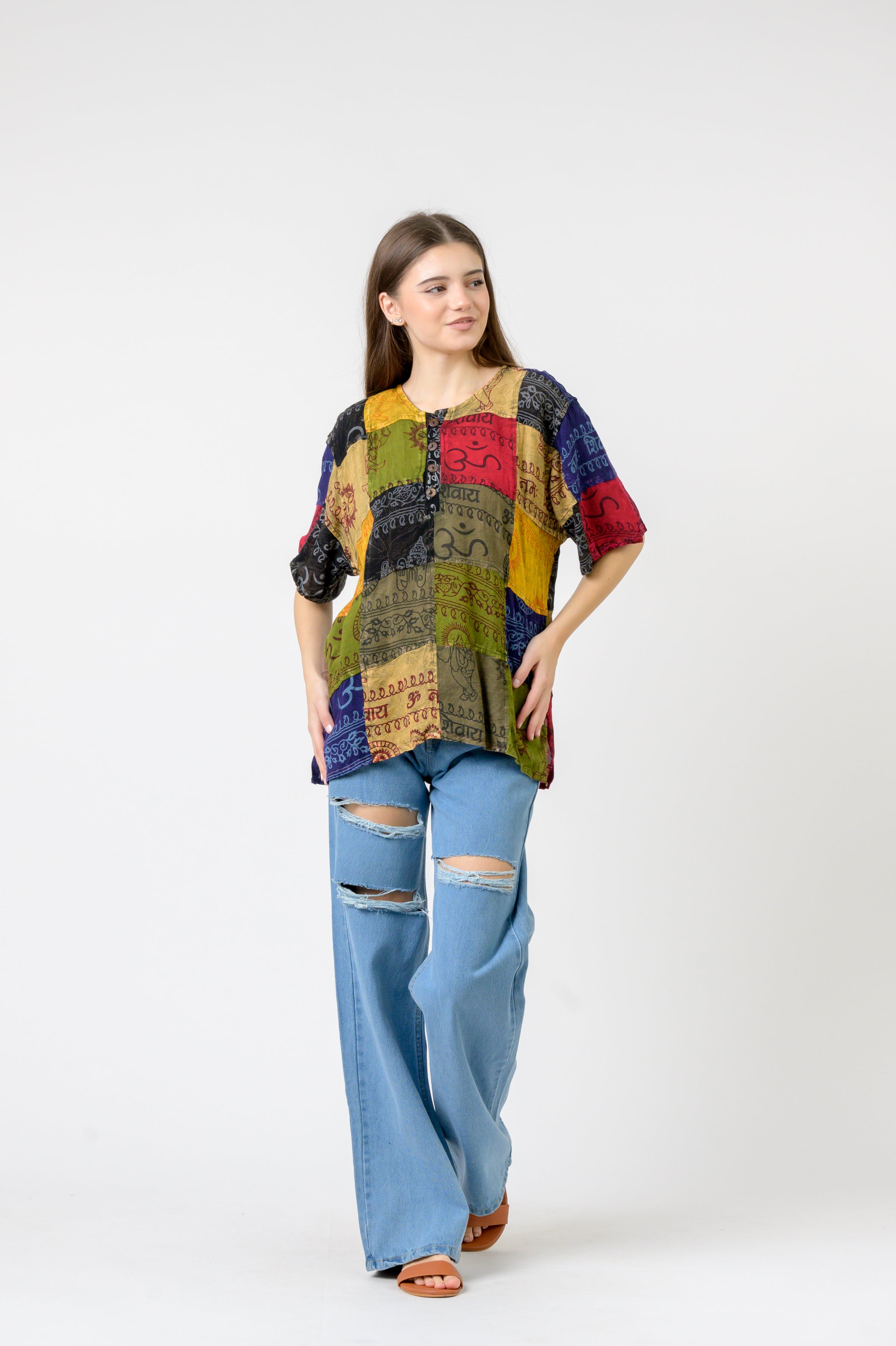 Rhea Om Print Pied Patch Short Sleeve Top