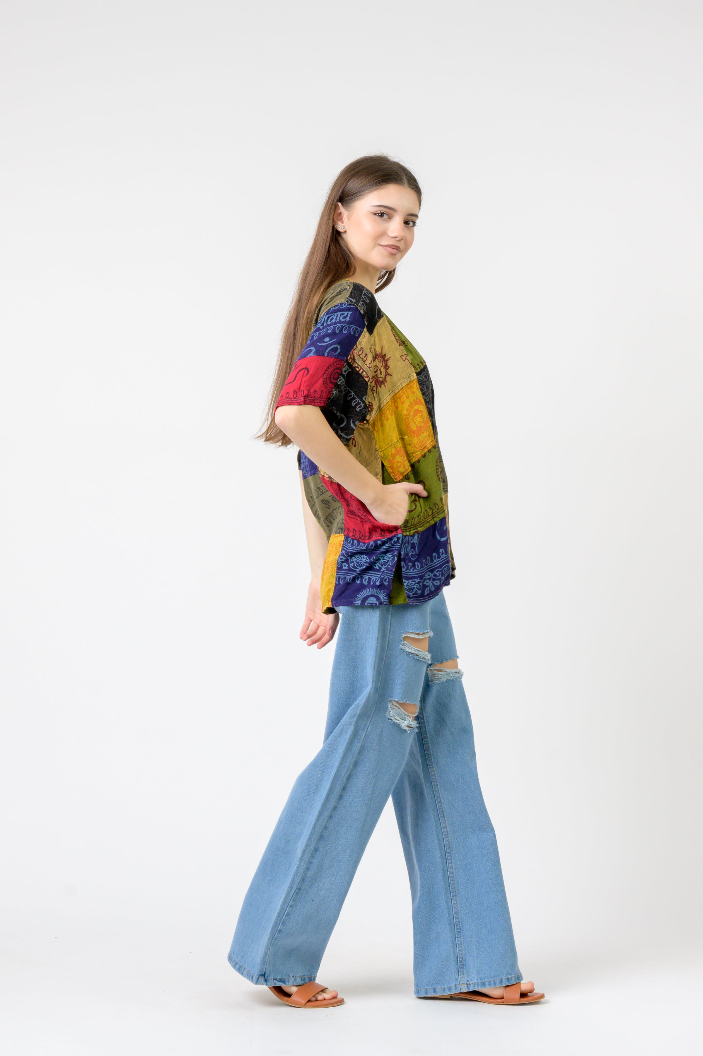 Rhea Om Print Pied Patch Short Sleeve Top