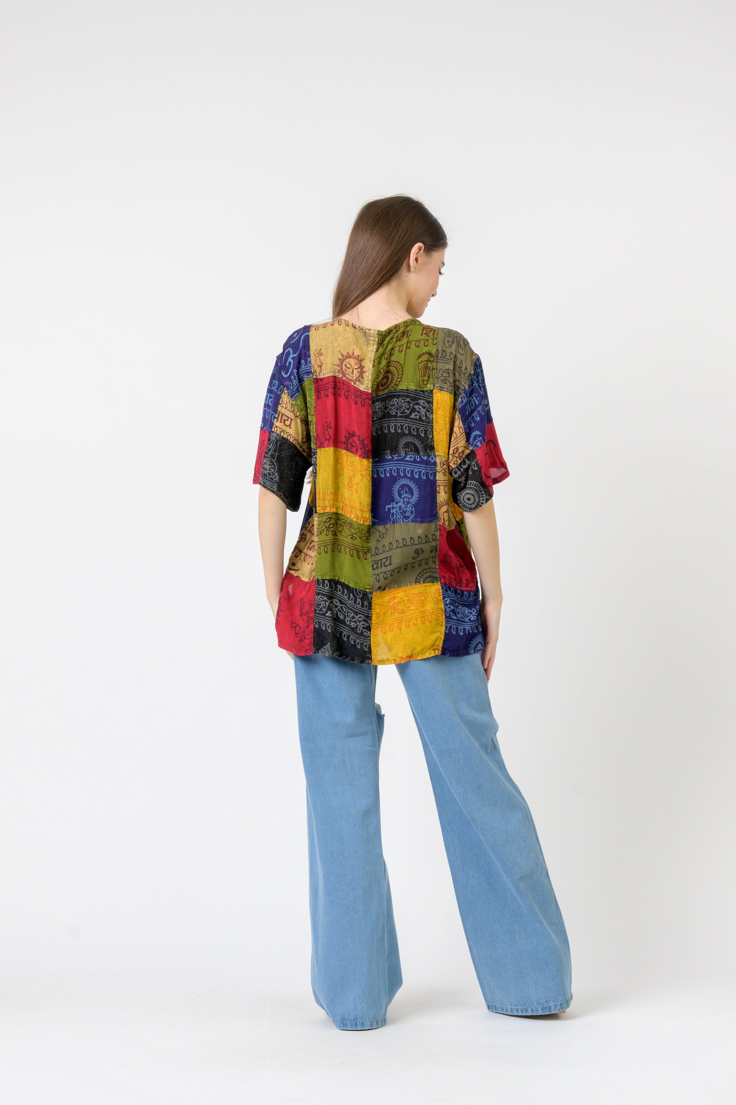 Rhea Om Print Pied Patch Short Sleeve Top