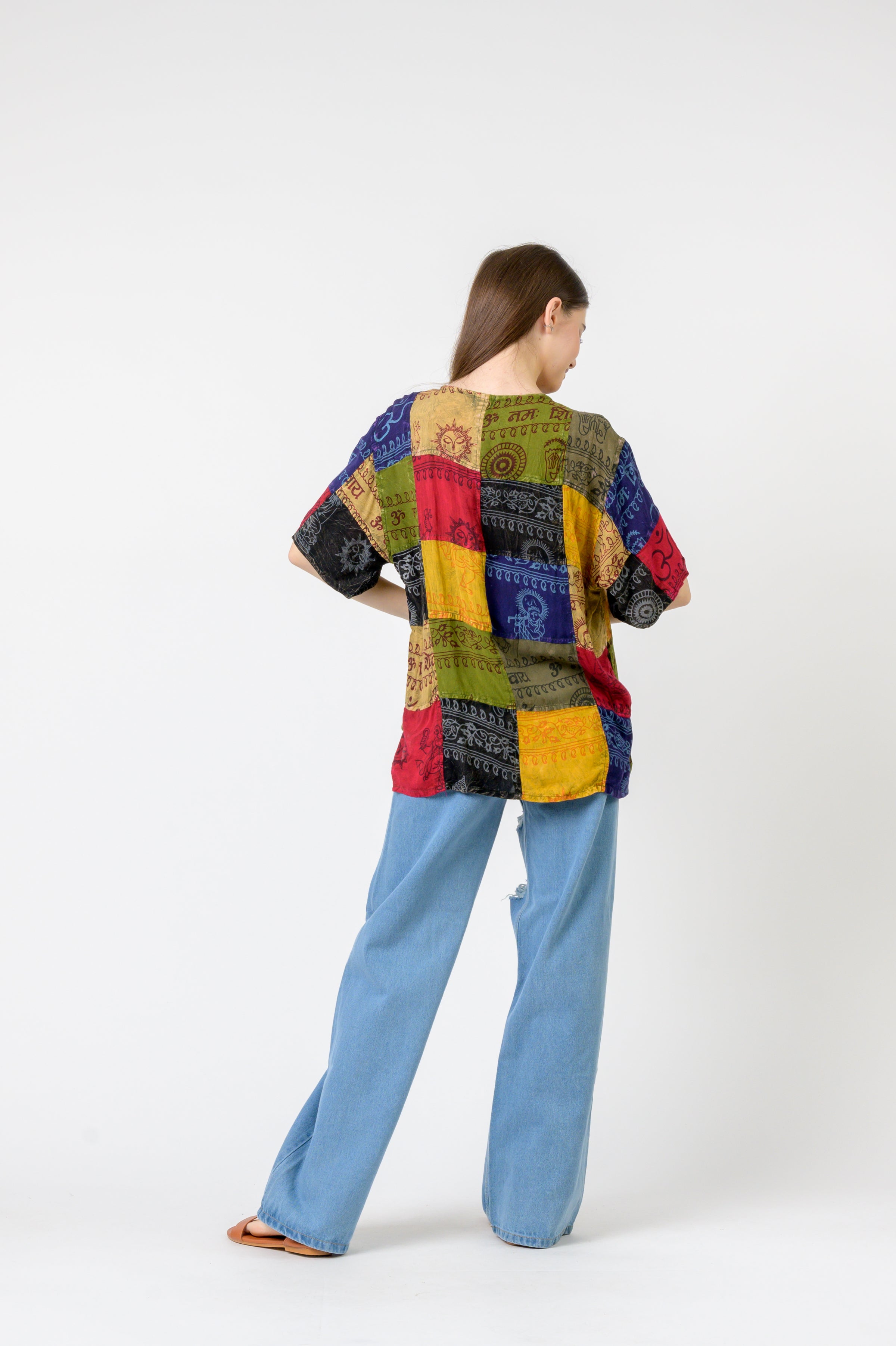 Rhea Om Print Pied Patch Short Sleeve Top