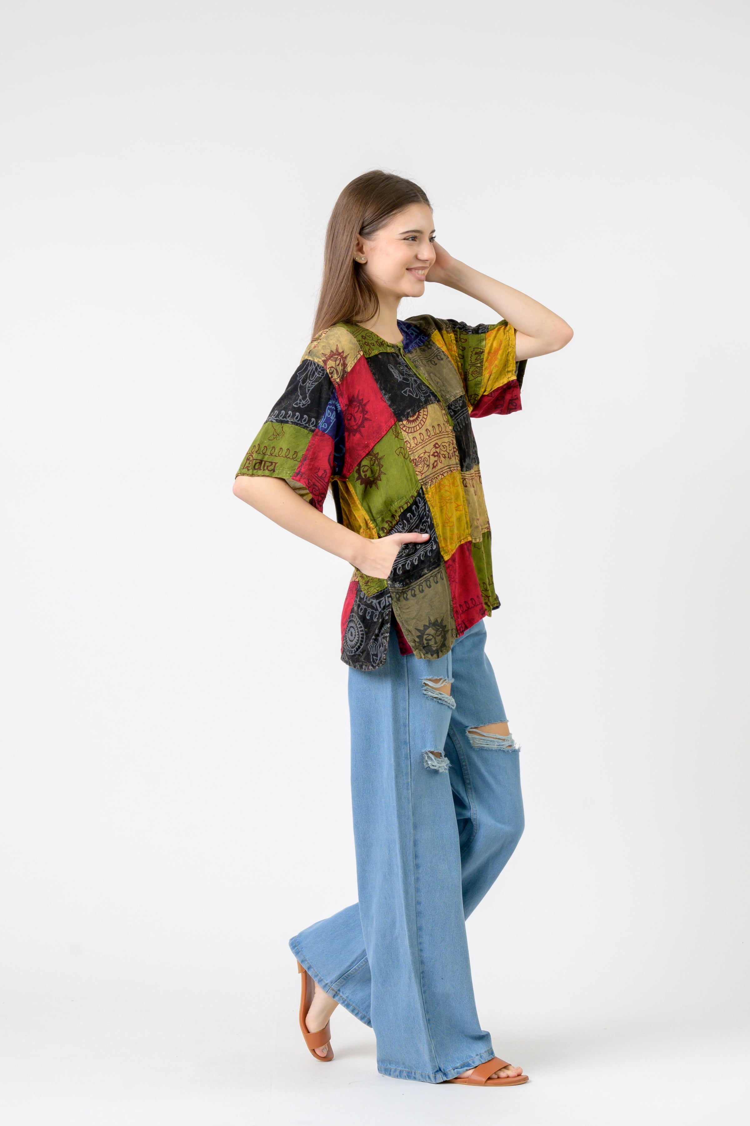 Rhea Om Print Pied Patch Short Sleeve Top