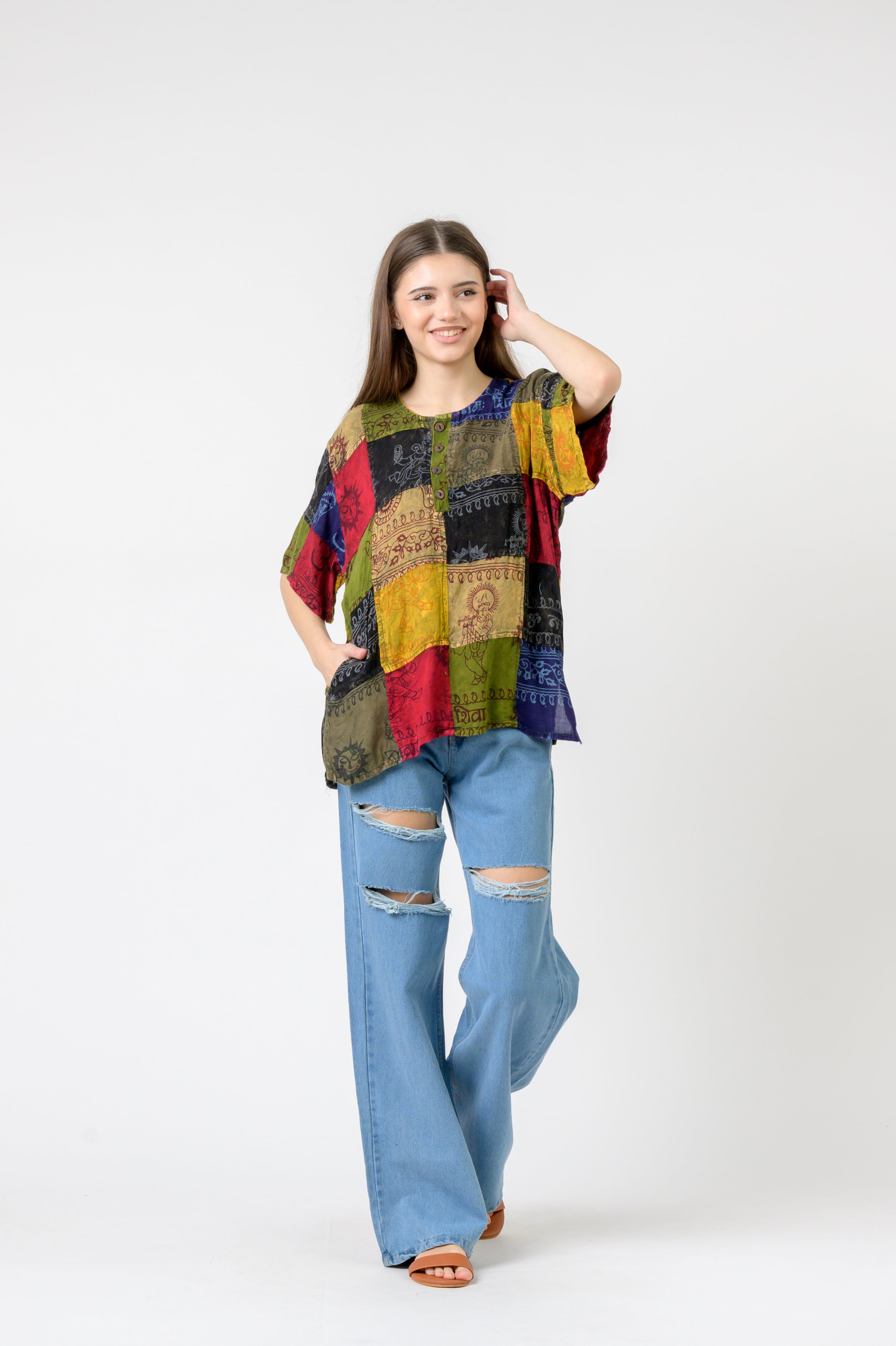 Rhea Om Print Pied Patch Short Sleeve Top