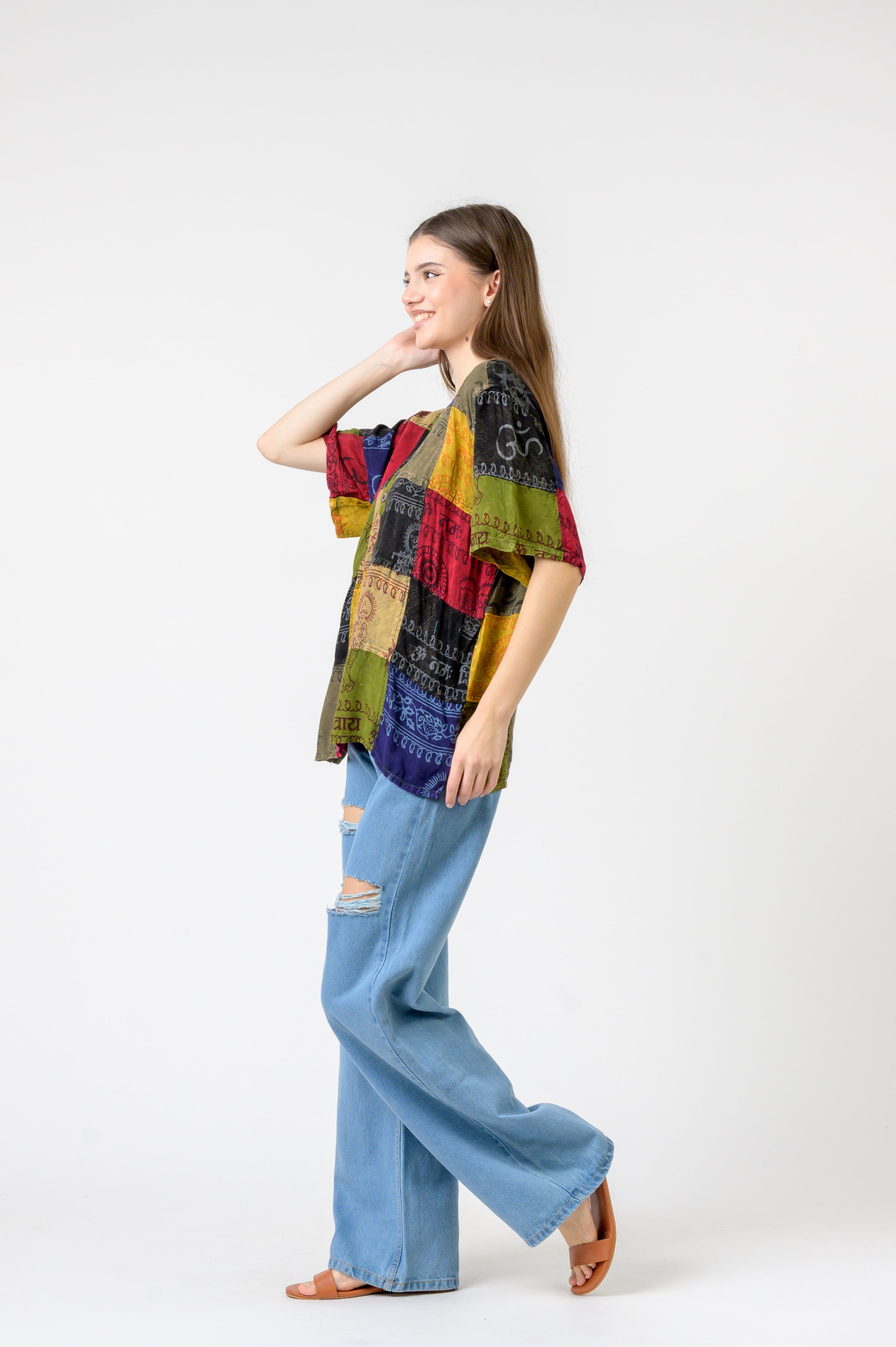 Rhea Om Print Pied Patch Short Sleeve Top