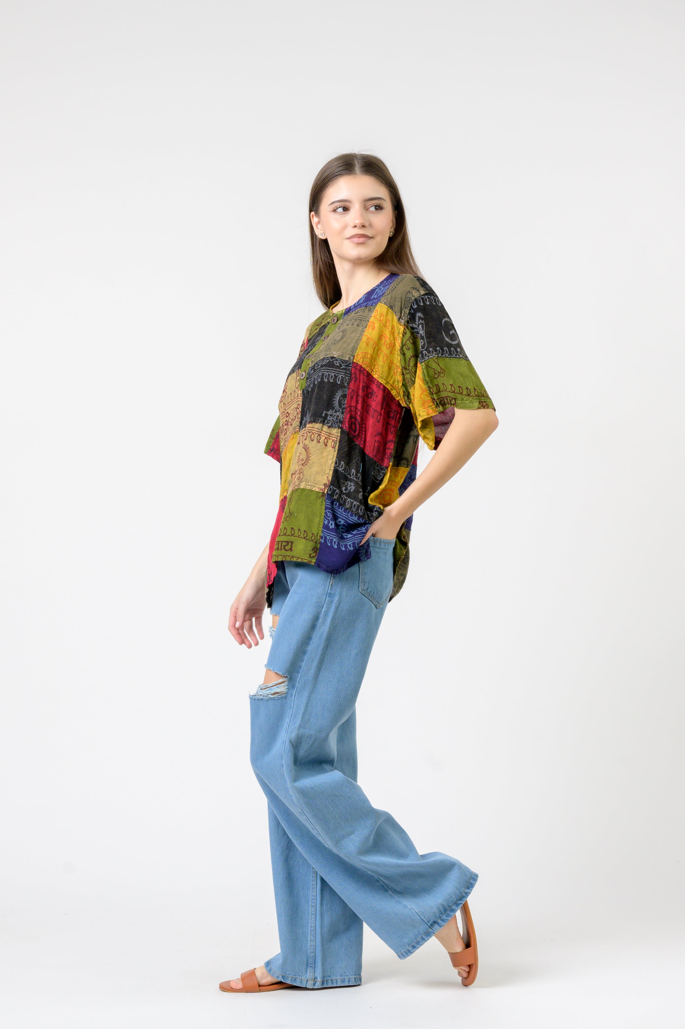 Rhea Om Print Pied Patch Short Sleeve Top