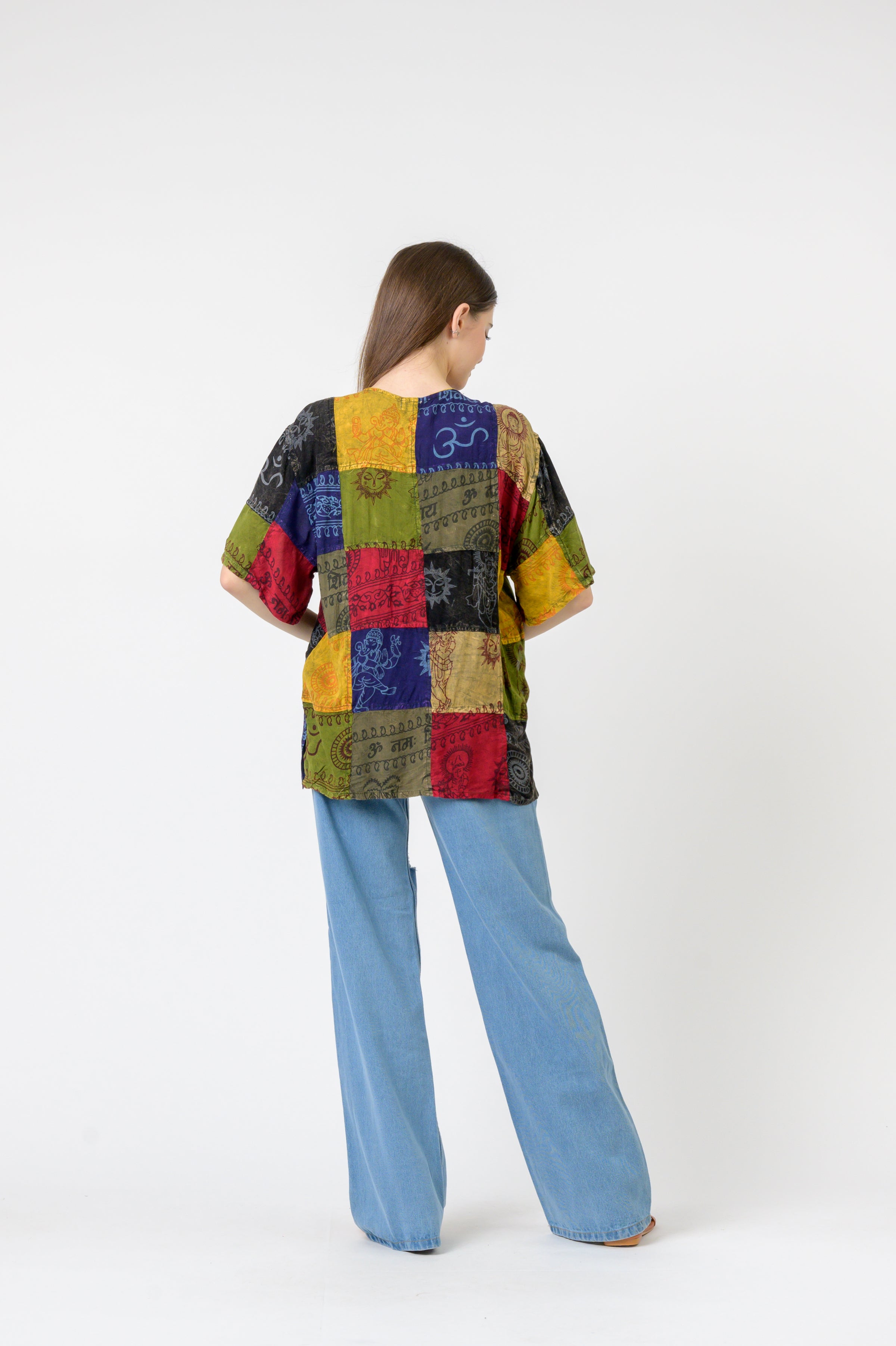 Rhea Om Print Pied Patch Short Sleeve Top