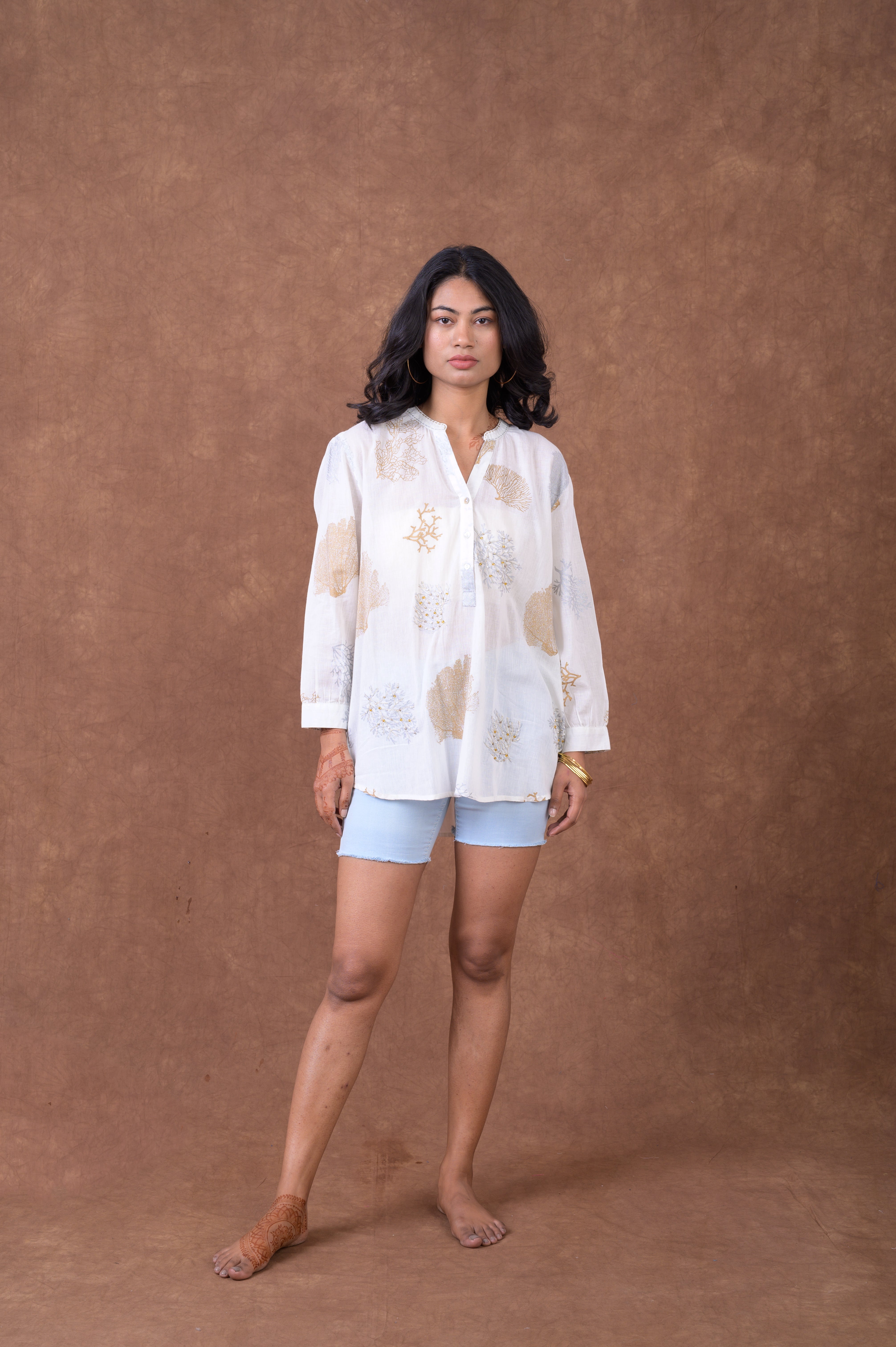 Rhea Sheer Leaf And Branch Pattern Polo White / S/M