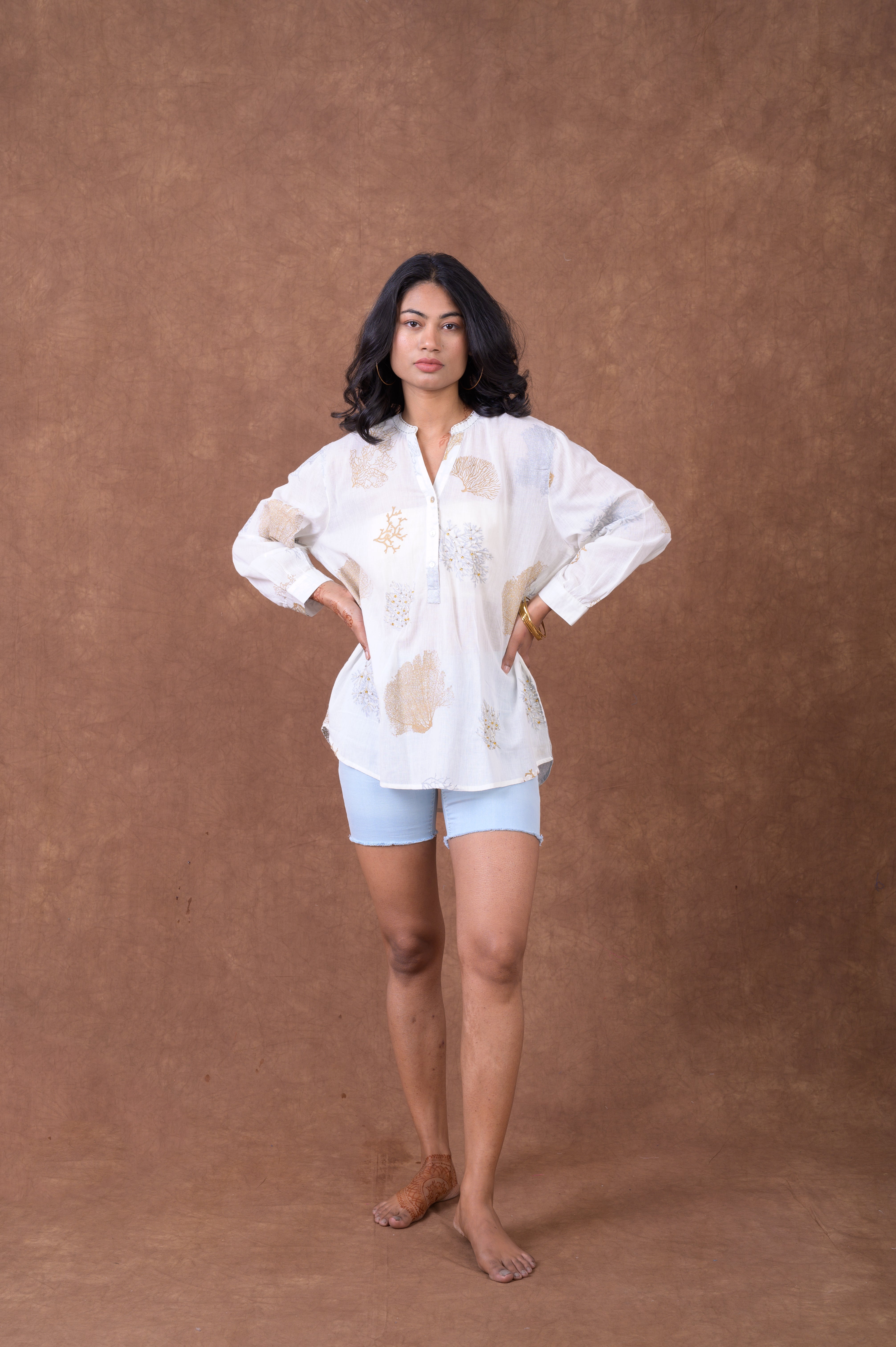 Rhea Sheer Leaf And Branch Pattern Polo White / S/M