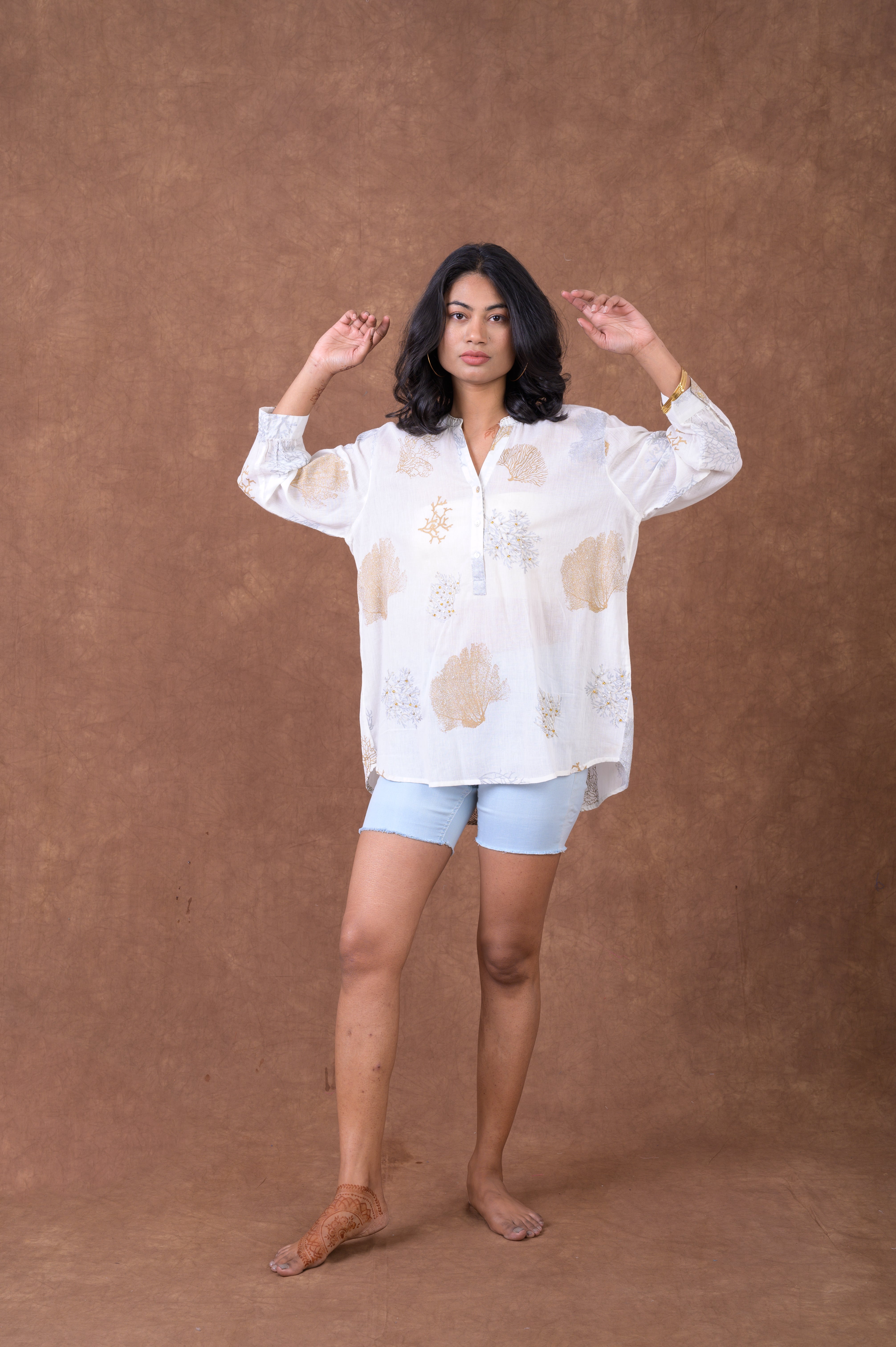 Rhea Sheer Leaf And Branch Pattern Polo White / S/M