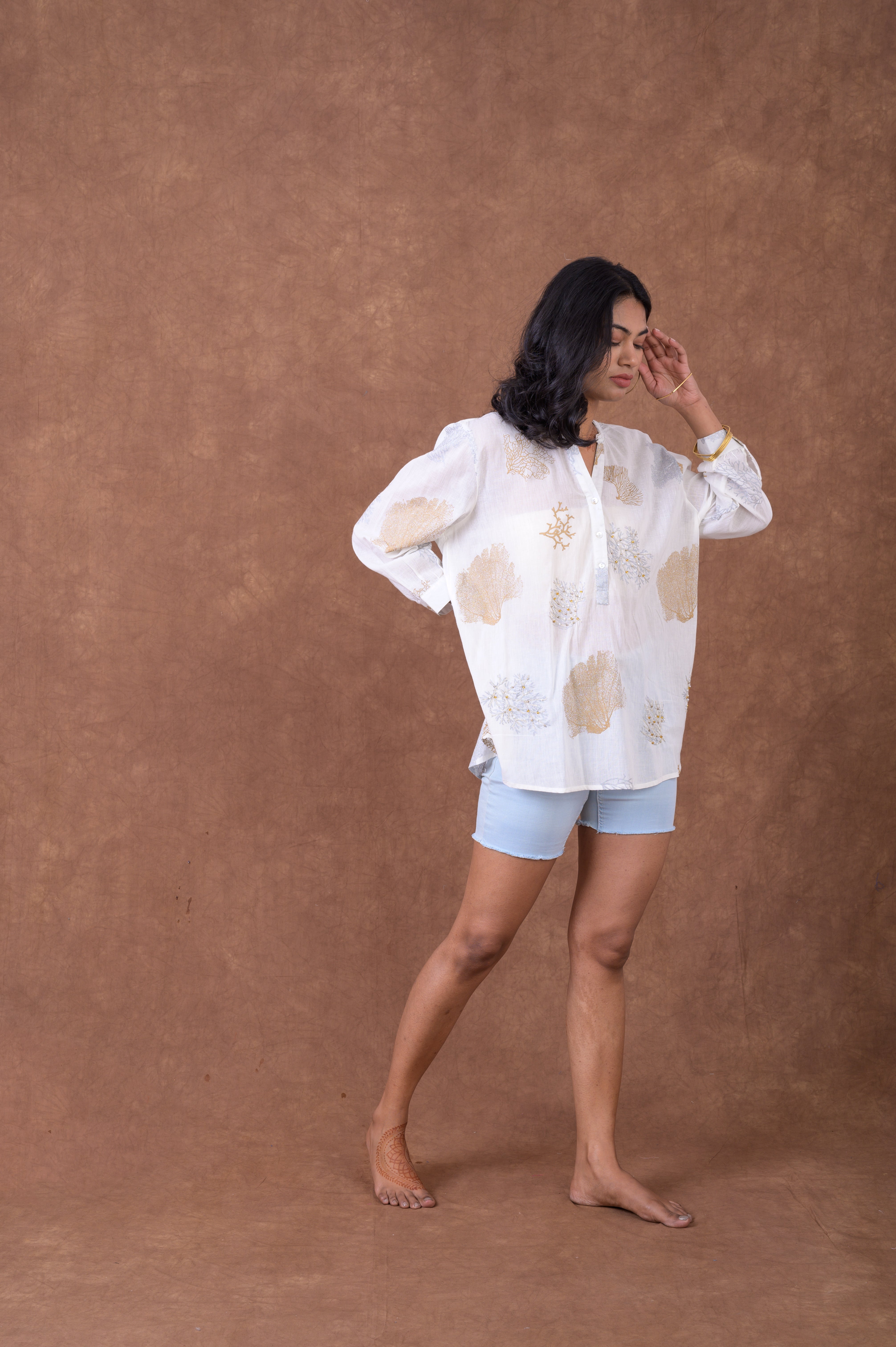 Rhea Sheer Leaf And Branch Pattern Polo White / L/X