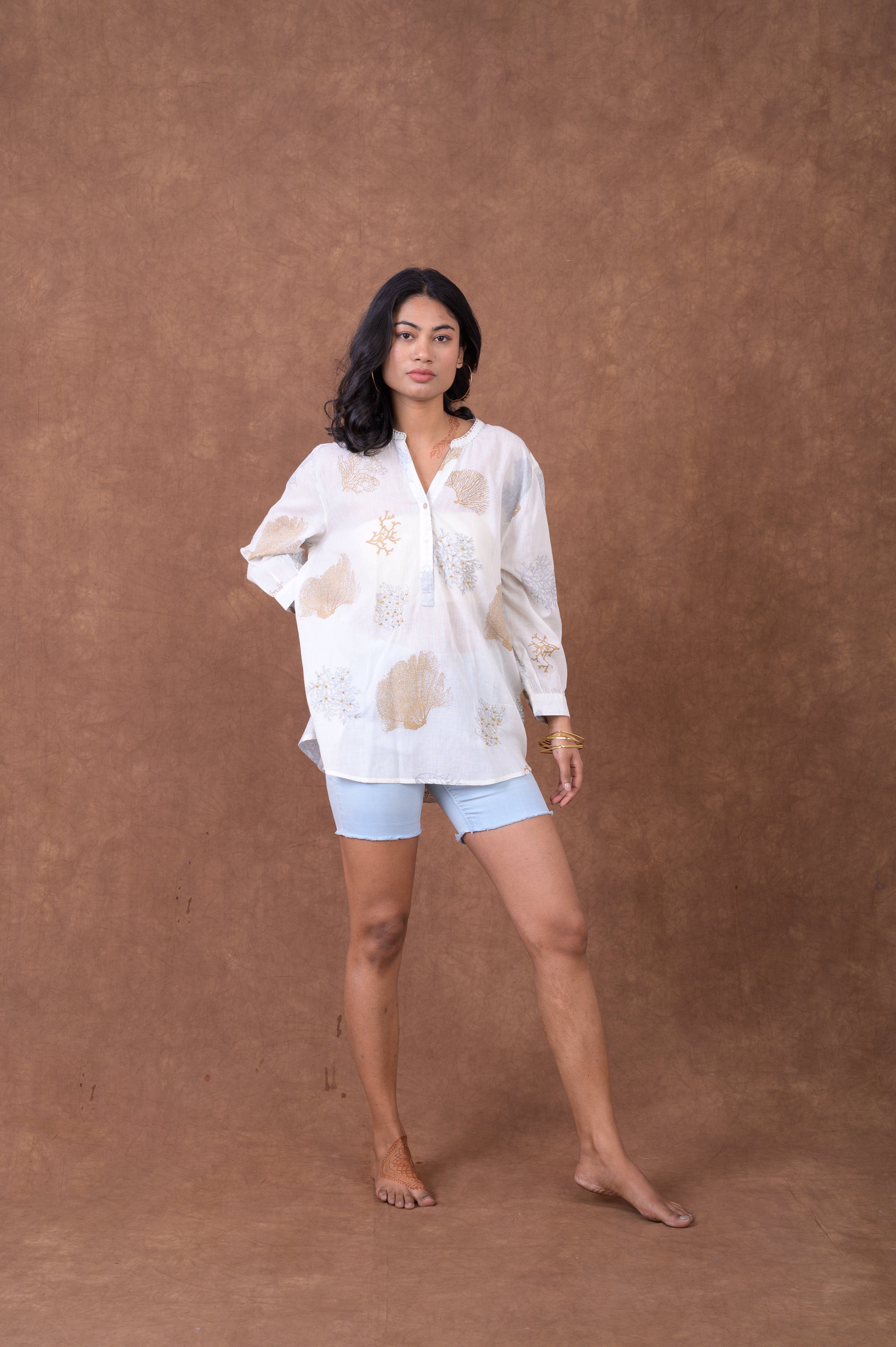 Rhea Sheer Leaf And Branch Pattern Polo White / L/X