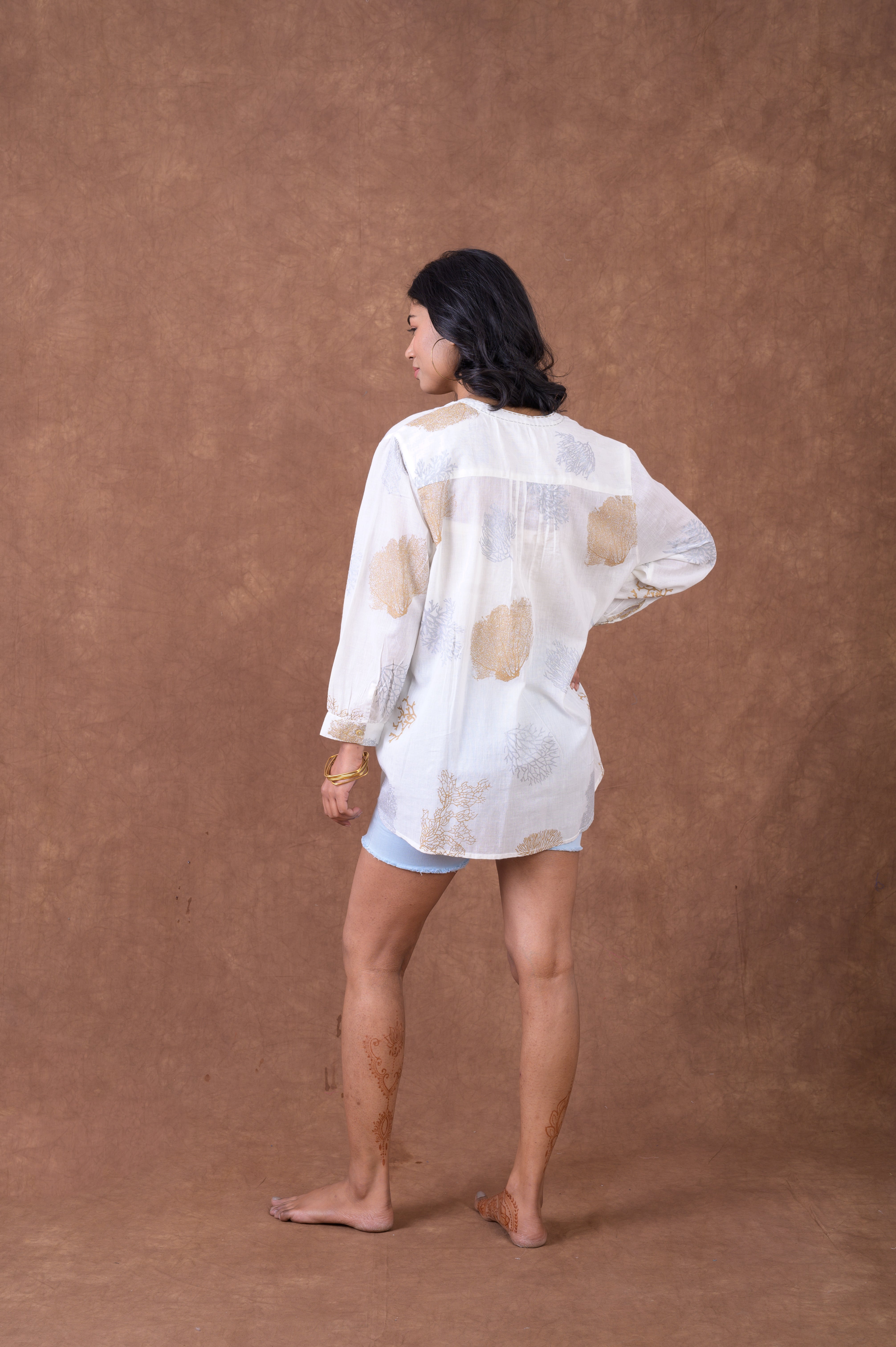 Rhea Sheer Leaf And Branch Pattern Polo White / L/X