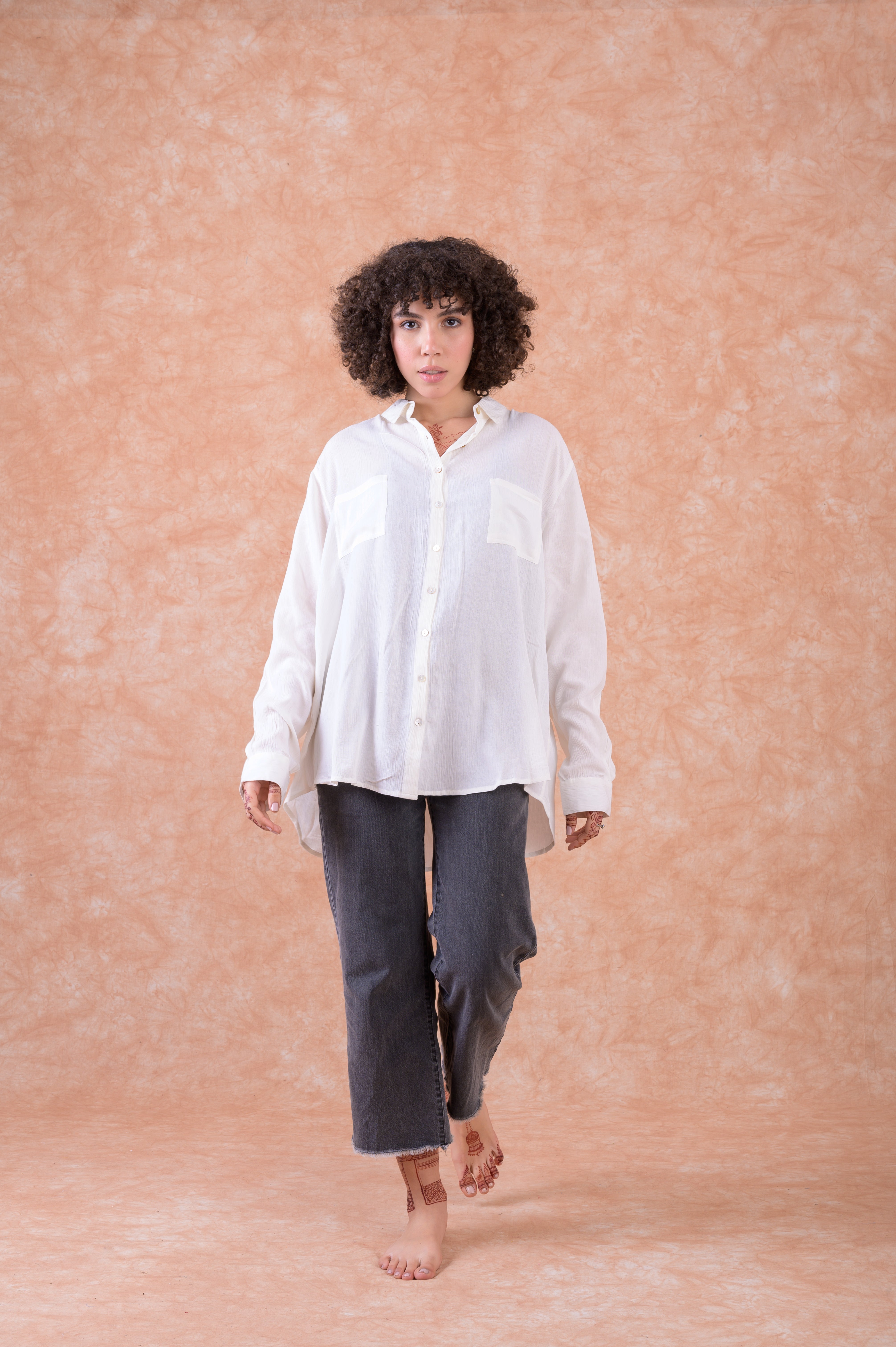 Rhea Nehru Collar Button Down Shirt White / S/M